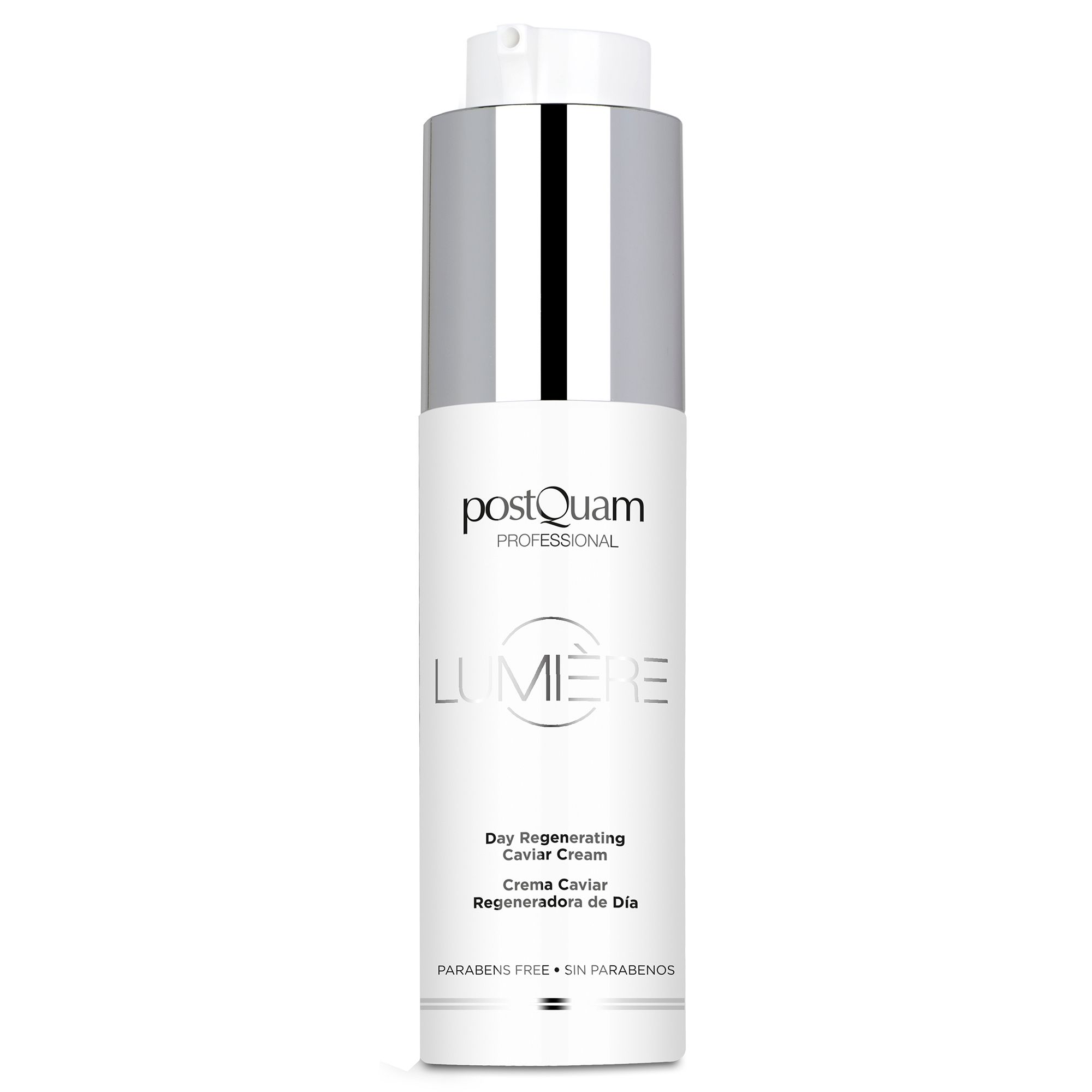 Crèmefles met zilveren dop. Opschrift: PostQuam Professional, Lumière, Day Regenerating Caviar Cream.