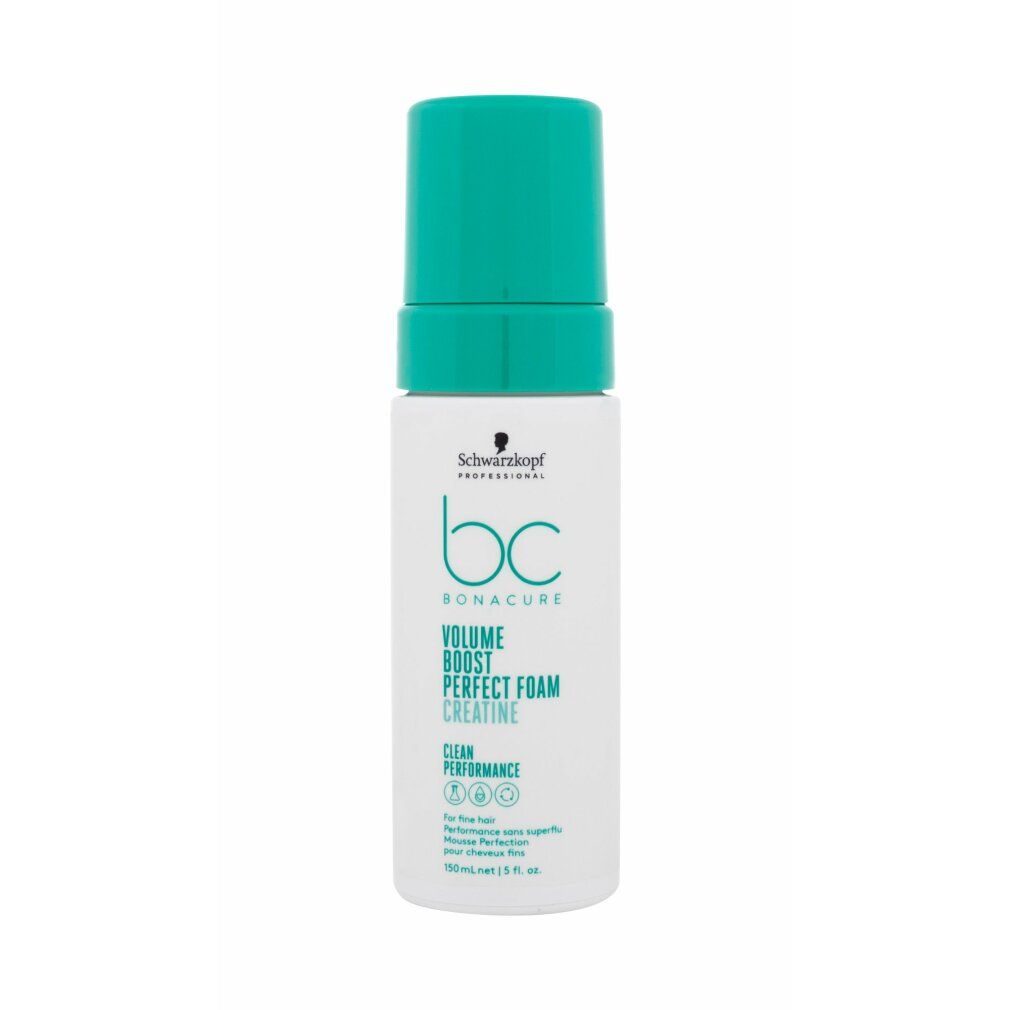 Wit-groene fles met spuitkop. Opschrift: BC Bonacure, Volume Boost Perfect Foam, Creatine. Logo: Schwarzkopf.