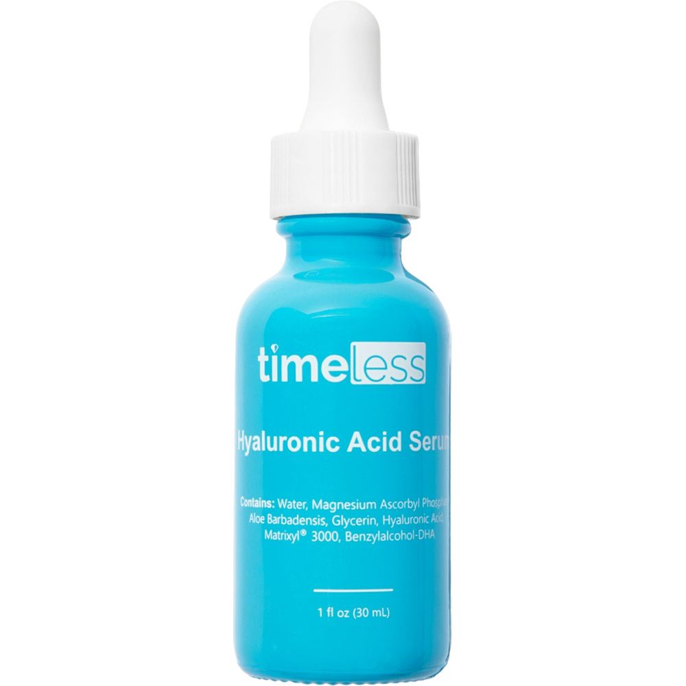 Turquoise fles met witte dop. Opschrift: Timeless, Hyaluronzuur Serum. Bevat 1 fl oz (30 ml).