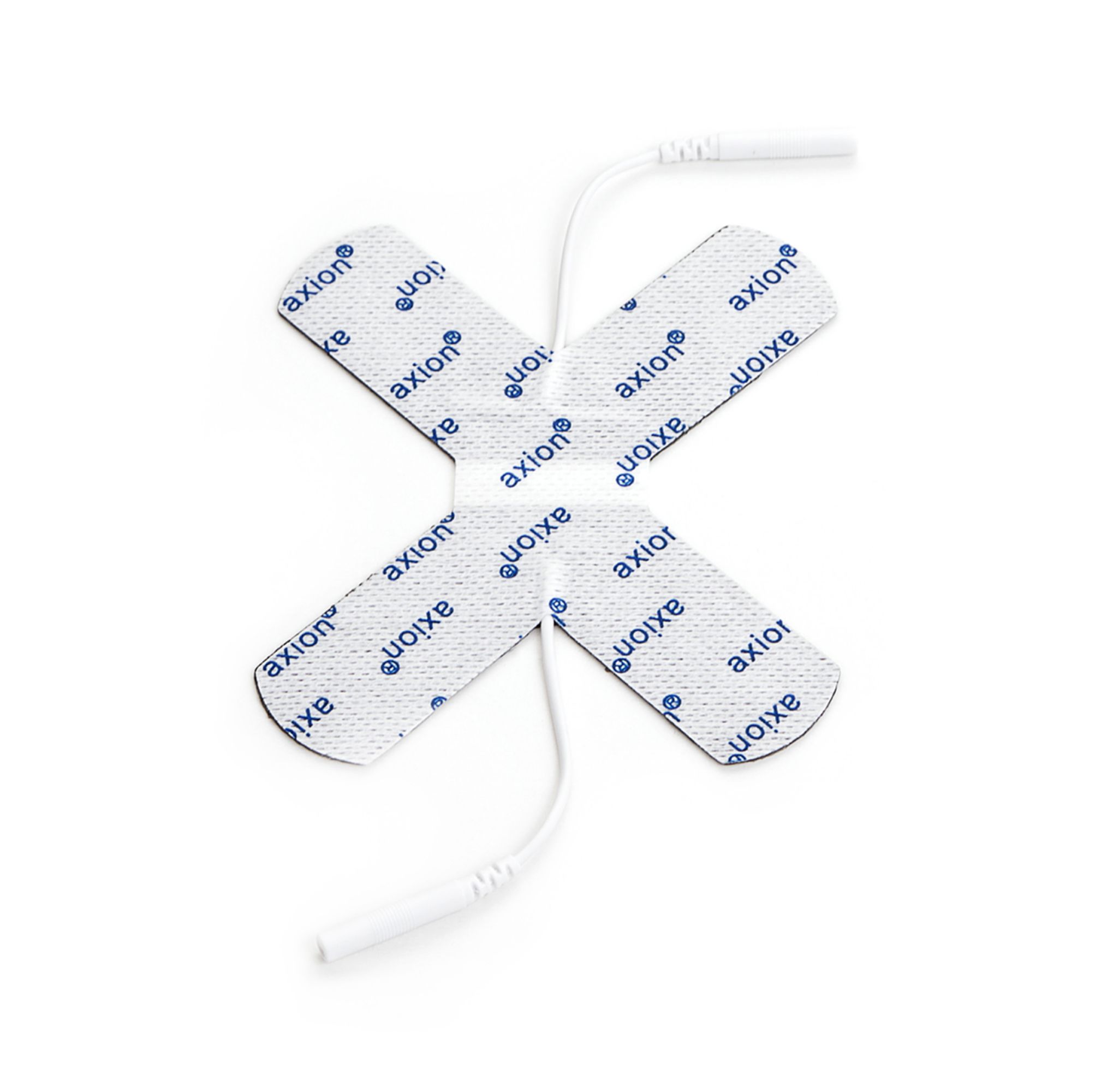 Twee zelfklevende elektroden. X-vorm, wit met blauw axion®-logo. Met kabel en stekker.