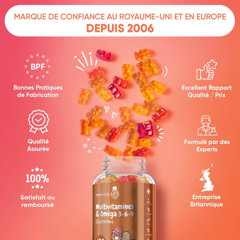 Bouteille de gummies multivitamines. Texte : Marque de confiance au Royaume-Uni et en Europe depuis 2006. BPF, qualité, formulé par des experts.