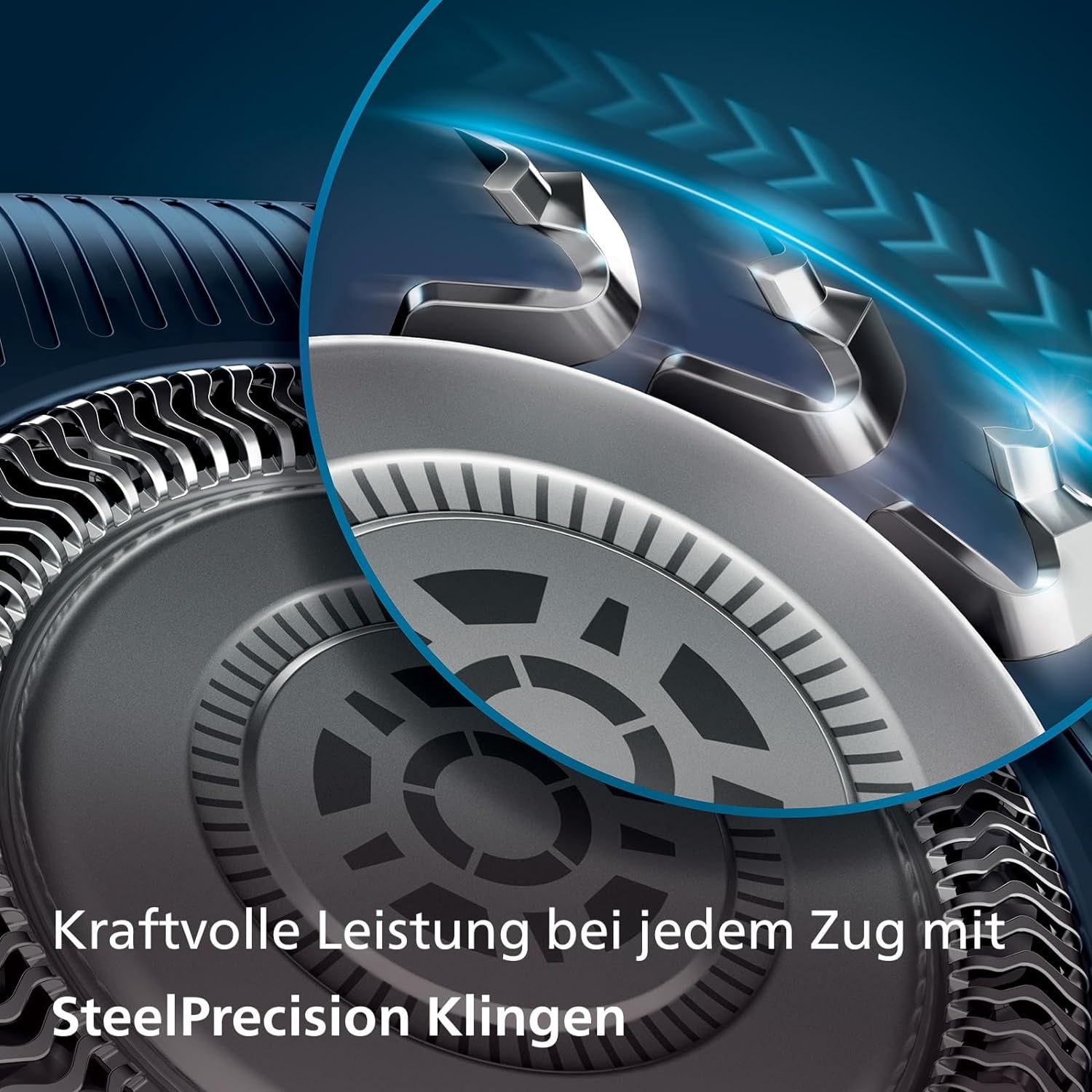 Gros plan des têtes de rasage. Lames argentées. Texte : Performance puissante à chaque passage avec les lames SteelPrecision.