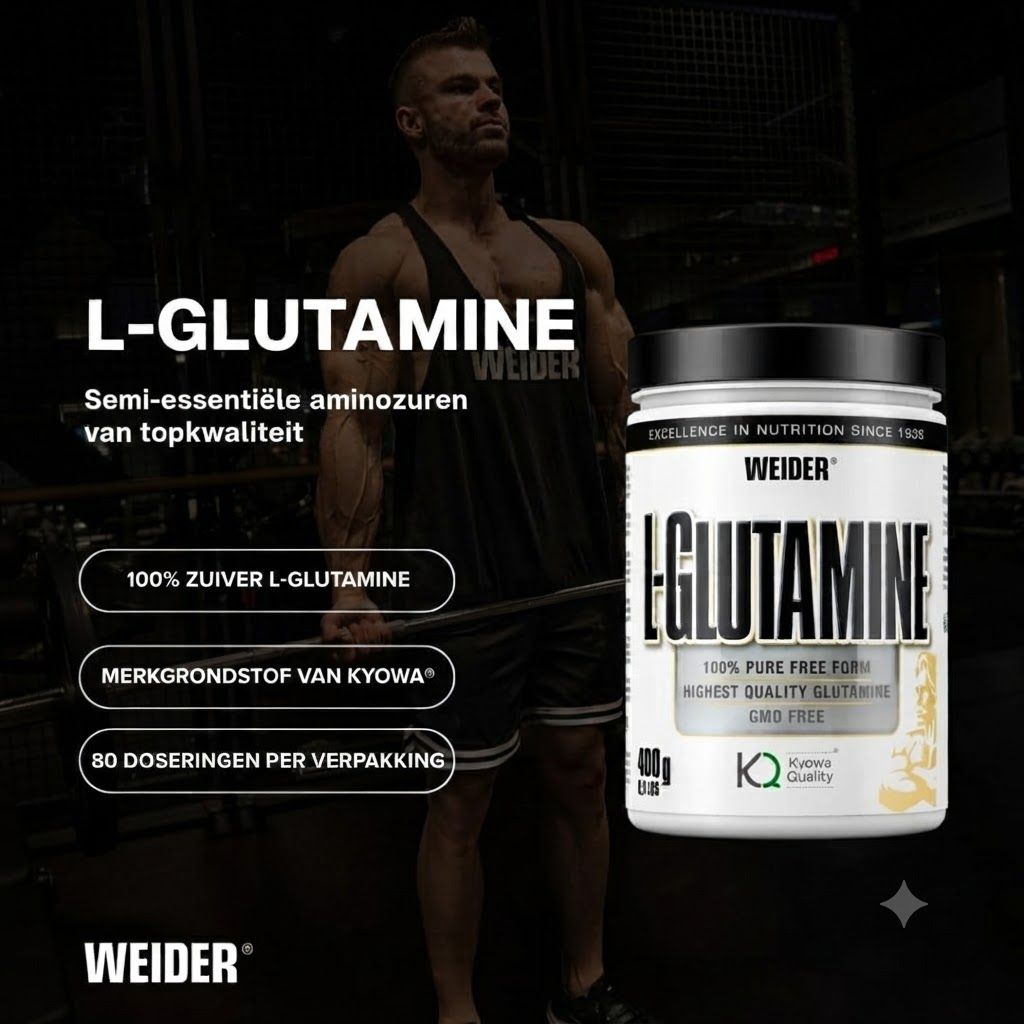 Weider L-Glutamine pot (400g) met tekst over 100% pure L-Glutamine en Kyowa grondstoffen.