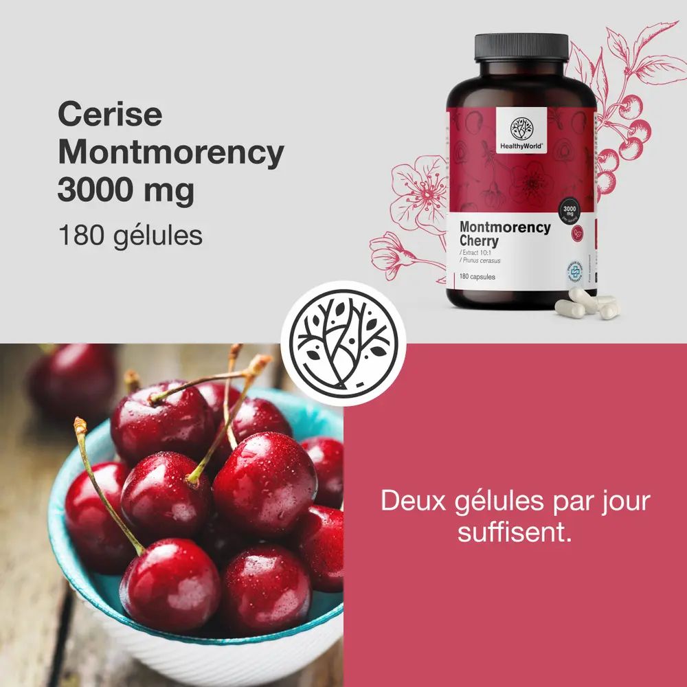 Cerises dans un bol. Flacon avec inscription: Cerise Montmorency 3000 mg, 180 gélules. Logo: HealthyWorld.