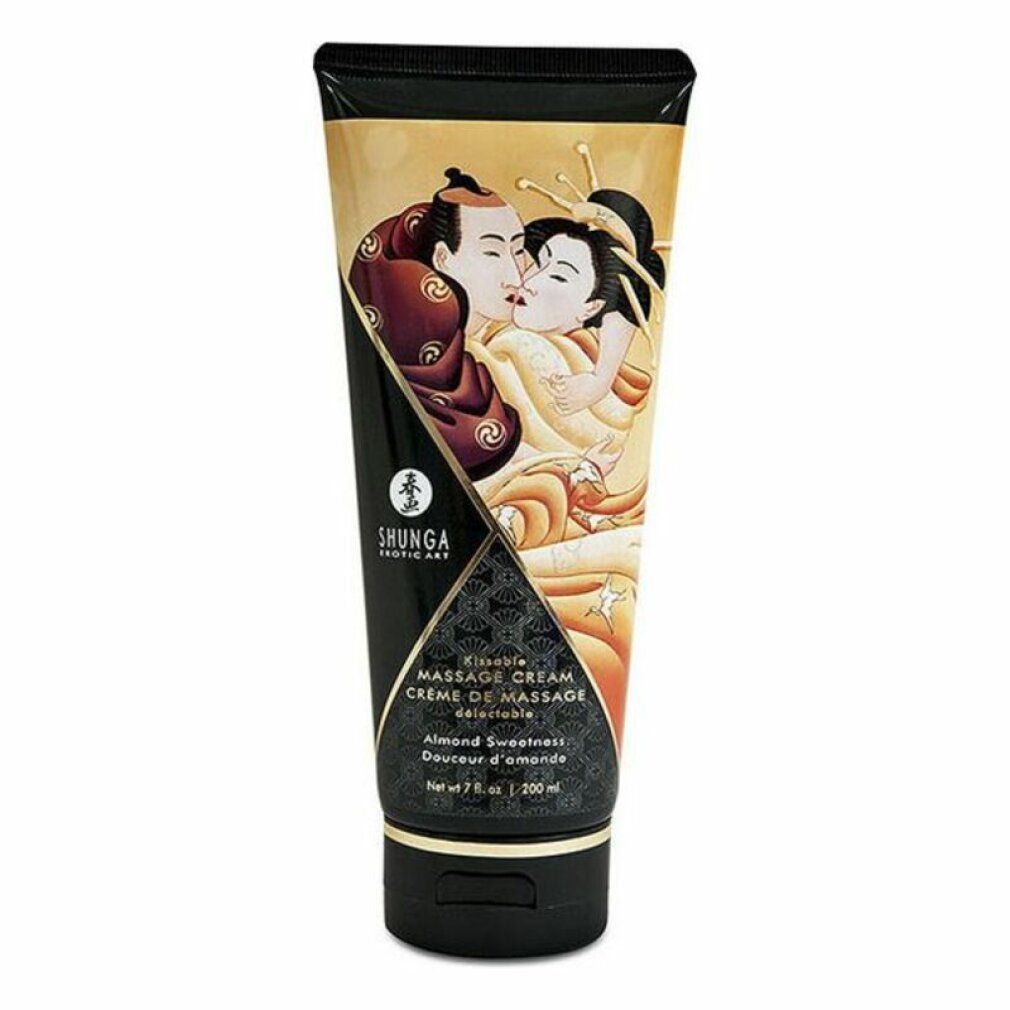 Shunga massagecrème met amandelsmaak, fles met Japanse kunstafbeelding.