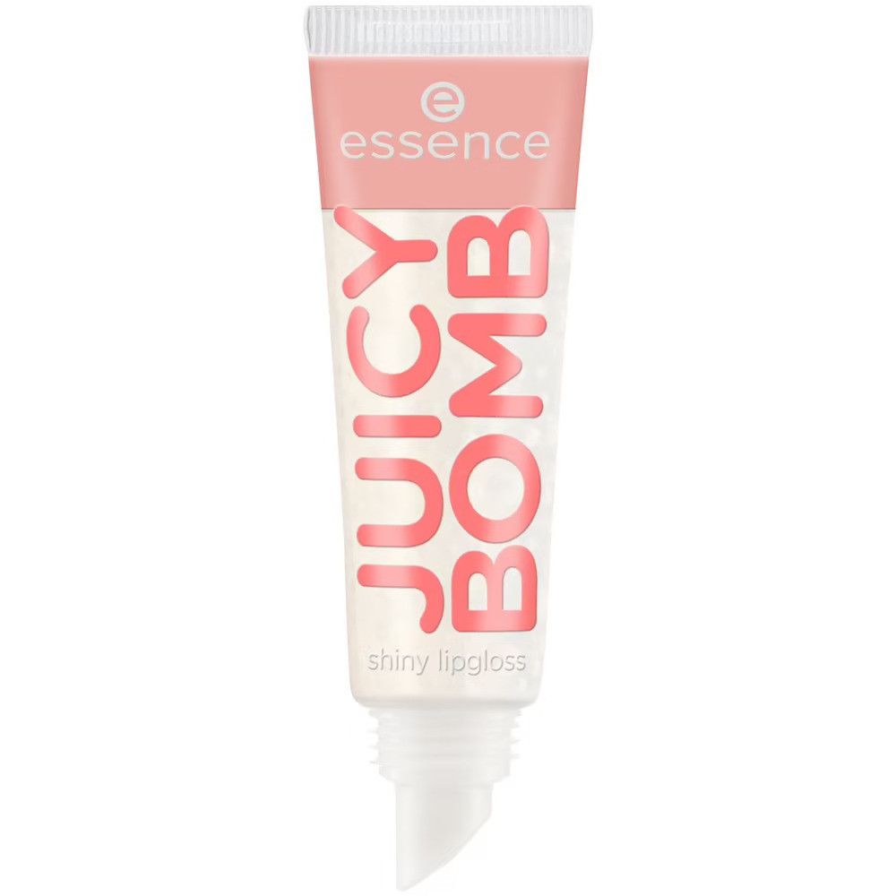 Tube de gloss à couvercle rose. Inscription : Juicy Bomb, shiny lipgloss, logo Essence.