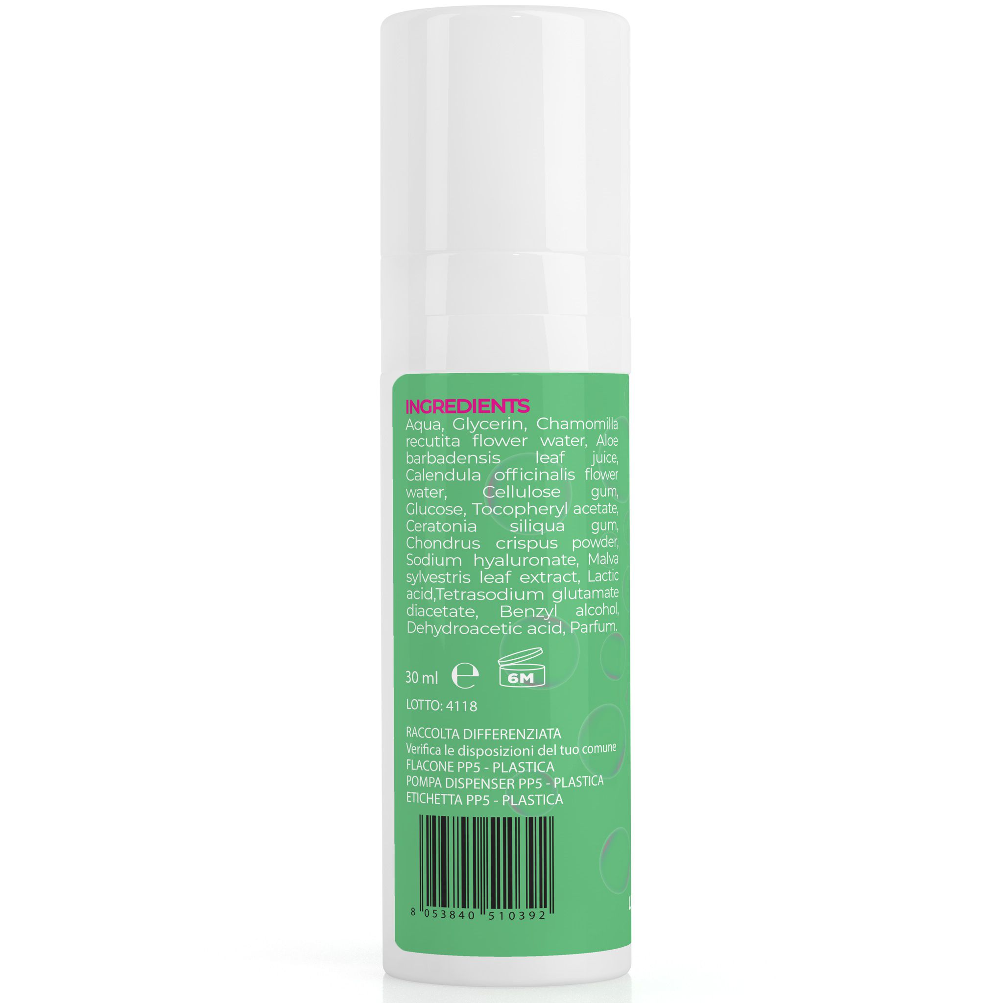 Flacon cylindrique blanc et vert. Ingrédients en anglais. Contenance 30 ml. Logo CE et symbole 6M.