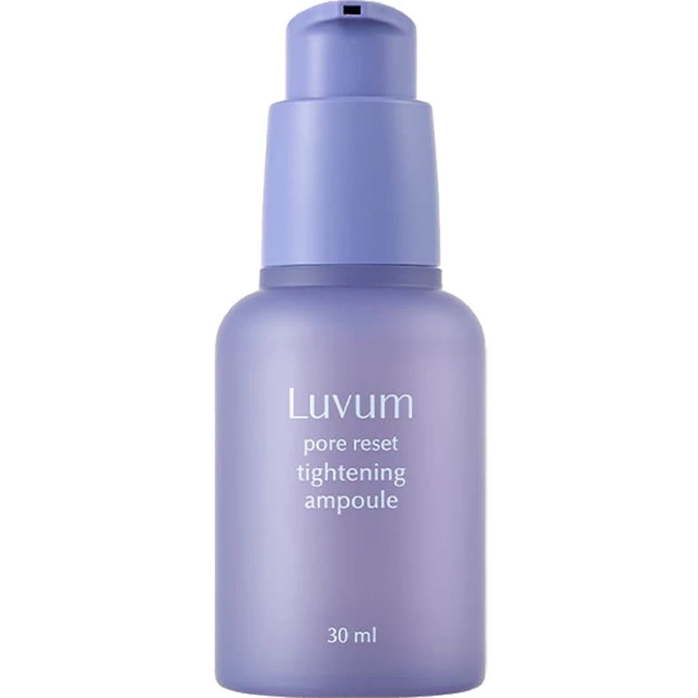 Paarse fles met pomp. Opschrift: "Luvum pore reset tightening ampoule". Onderaan staat "30 ml".