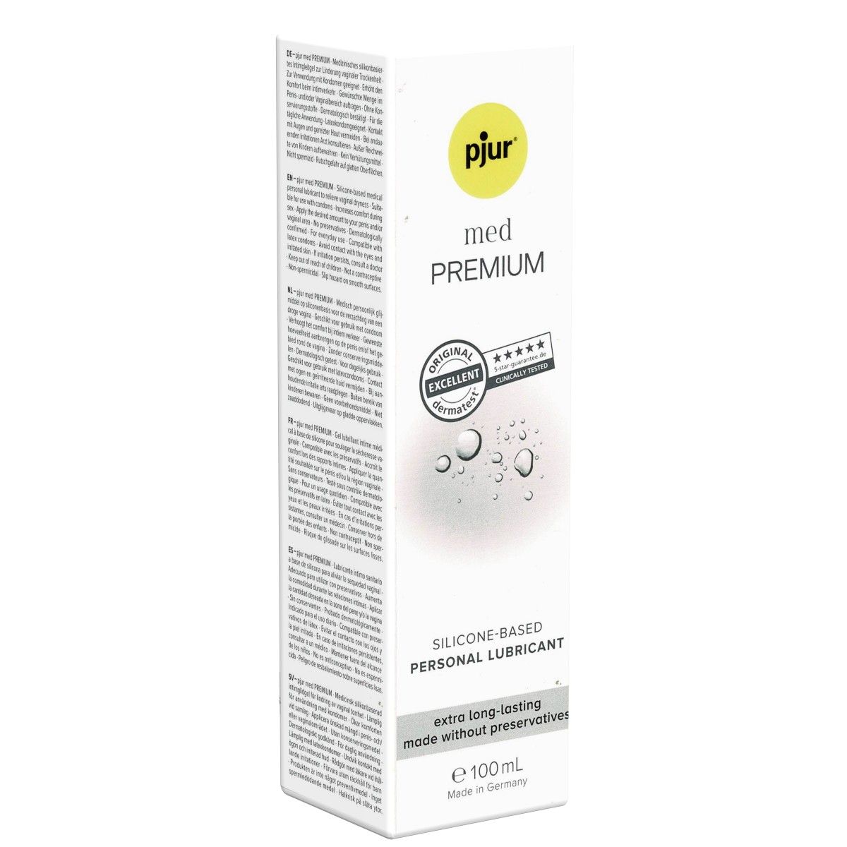 pjur med Premium Glide. Witte tube in verpakking. Opschrift: SILICONE-BASED PERSONAL LUBRICANT. Extra long-lasting. 100ml.