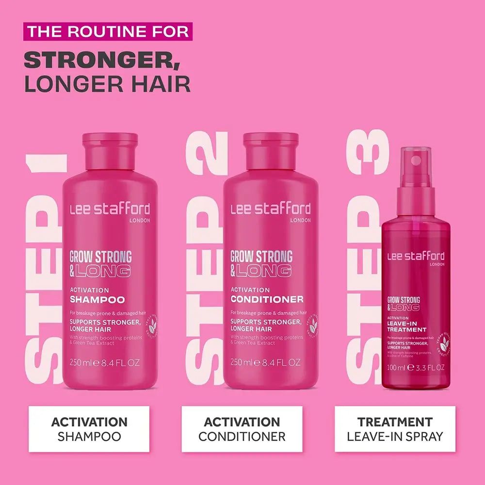 Routine pour des cheveux plus forts et plus longs : shampooing, après-shampooing, spray sans rinçage LEE STAFFORD.