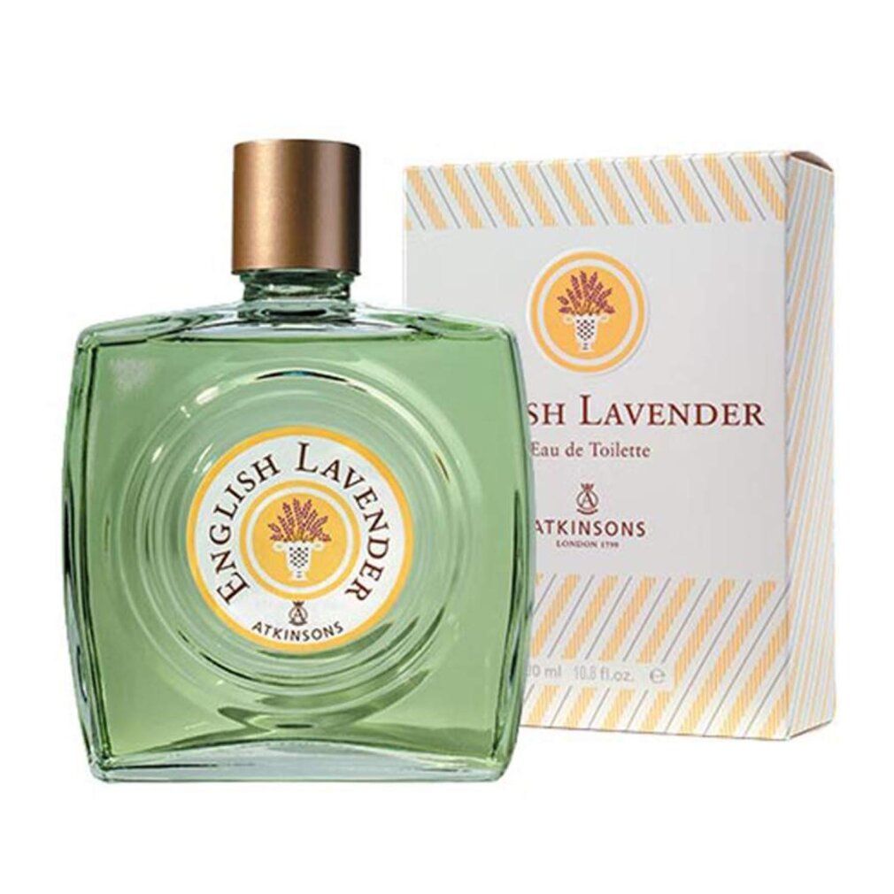 Flacon et emballage. Inscription 'English Lavender' et 'Atkinsons'. Flacon avec bouchon doré.