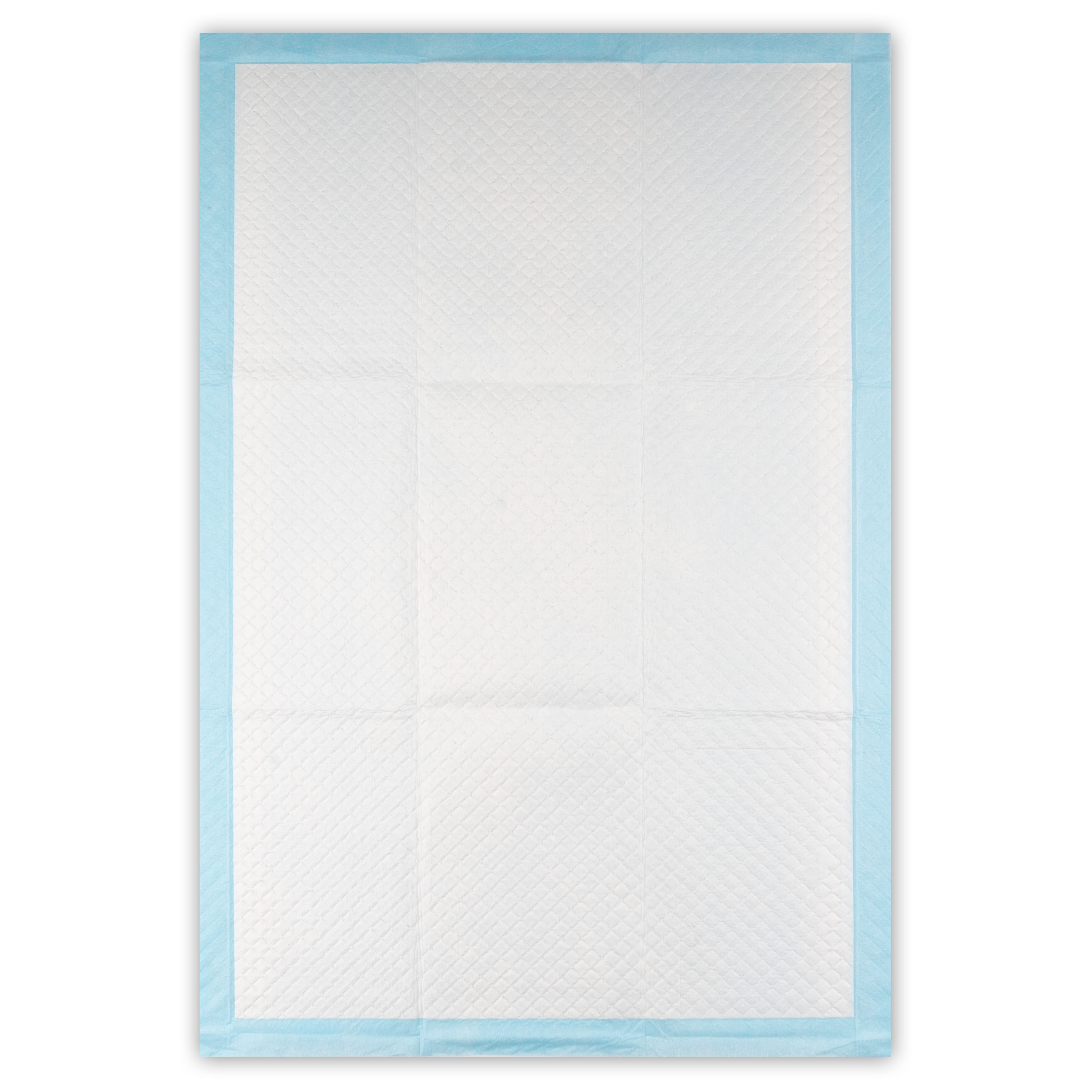 Alèse jetable rectangulaire blanche avec bord bleu clair. La surface est divisée en carrés.