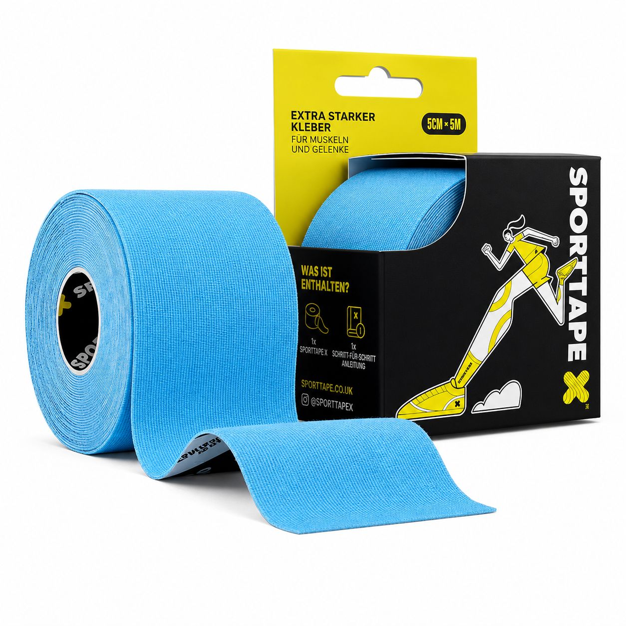 Blauwe kinesiologie tape op een rol en verpakt. Merk: SPORTTAPE.