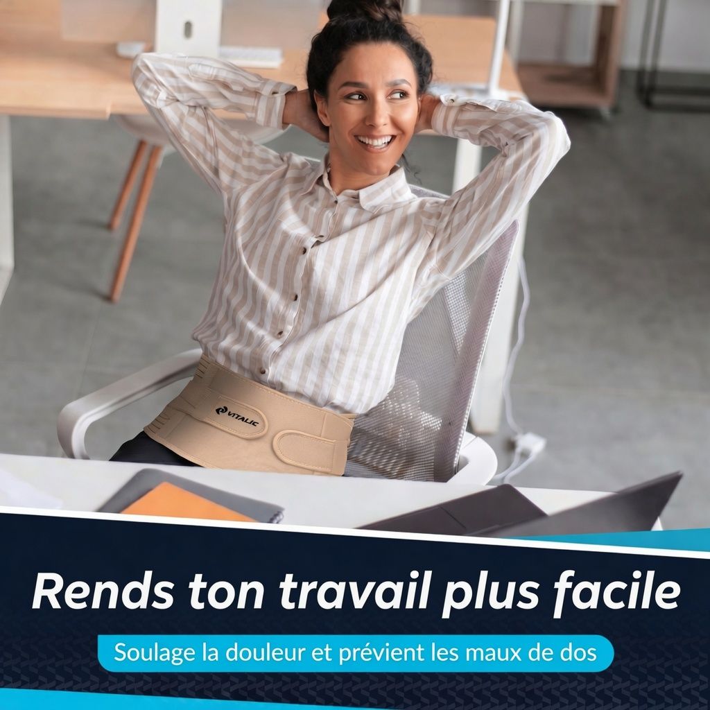Beige rugband, vooraanzicht. Vrouw zit aan een bureau. Tekst: Maak je werk gemakkelijker.