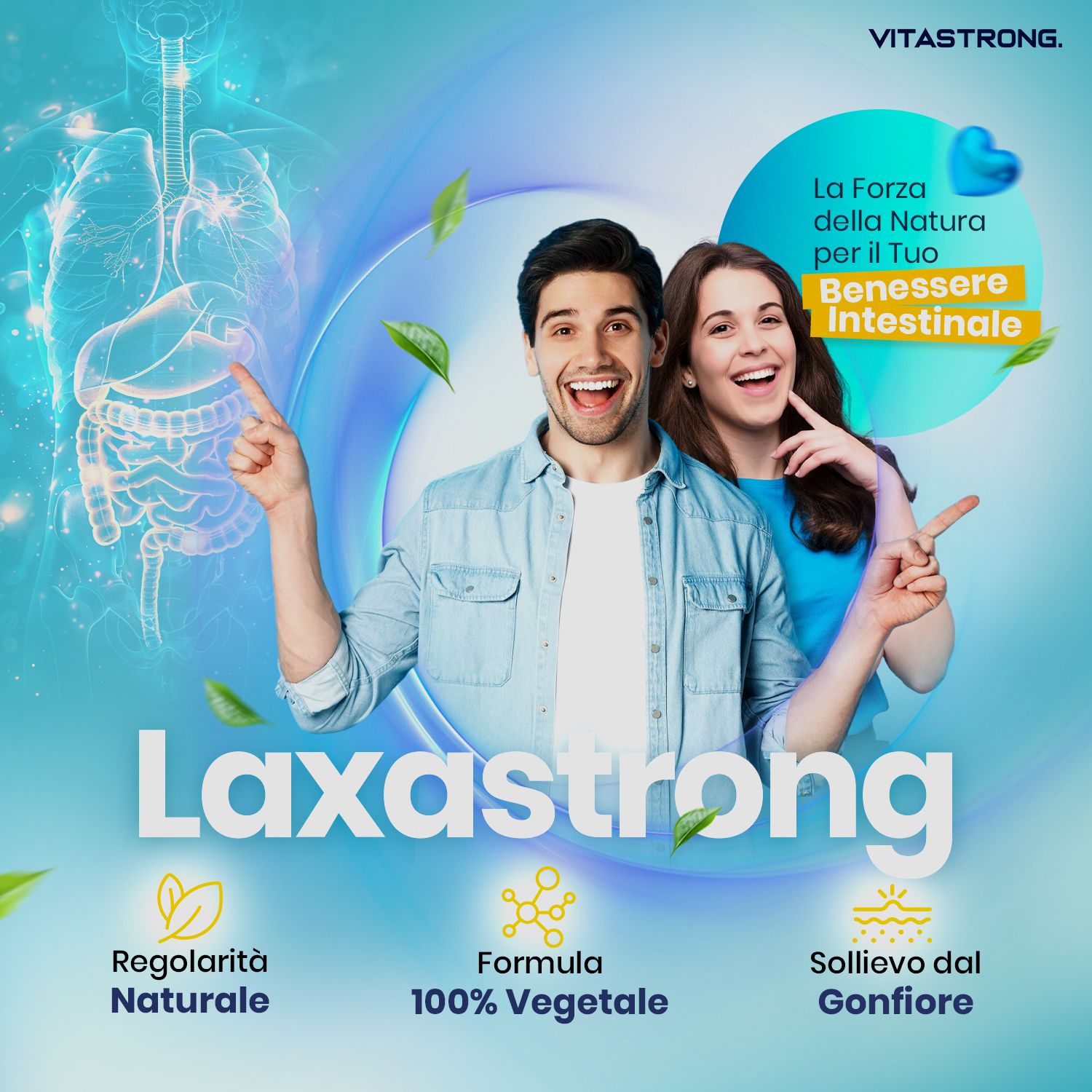 Advertentie met paar. Laxastrong-logo. Tekst: De kracht van de natuur voor uw darmgezondheid. Natuurlijke regelmaat, 100% plantaardige formule, verlichting van een opgeblazen gevoel.