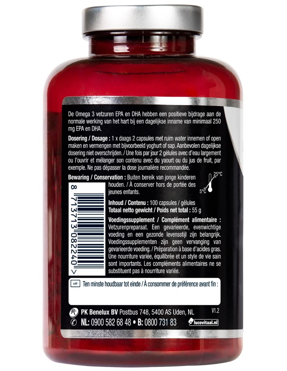 Achterkant van de fles met informatie. Bevat informatie over gebruik en bewaring.