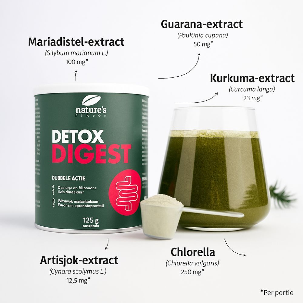 Pot Nature's Finest Detox Digest, ingrediënten: mariadistel, guarana, kurkuma, artisjokextract, chlorella. Glas met vloeistof.