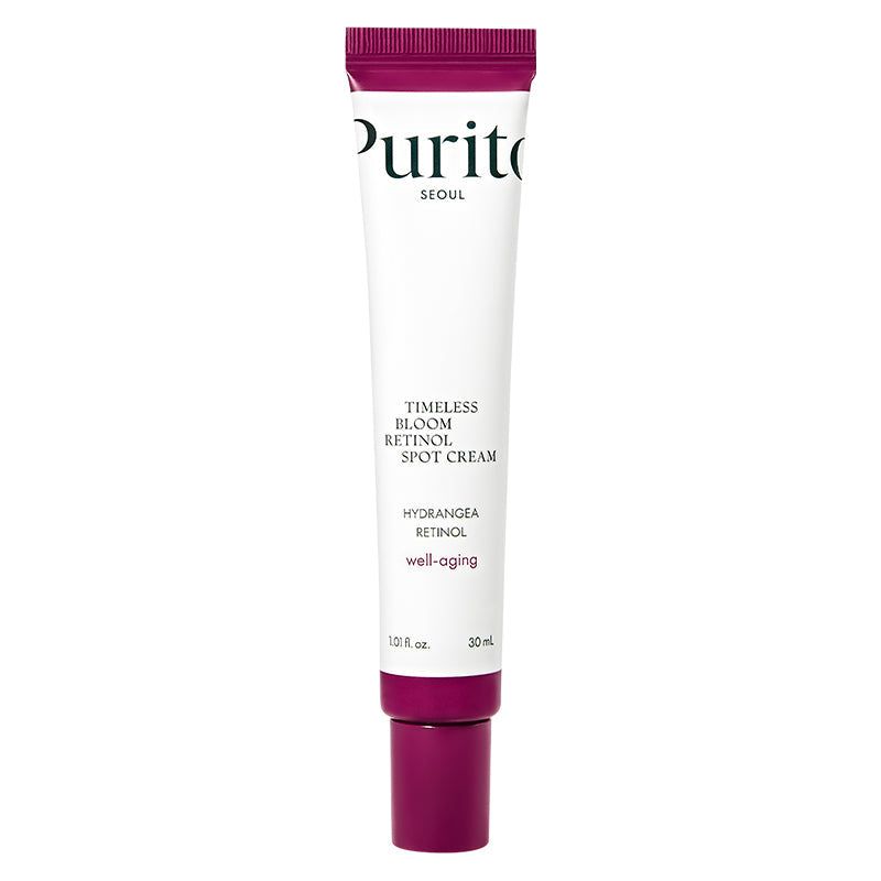 Tube de crème PURITO. Tube blanc avec bouchon violet. Texte: Timeless Bloom Retinol Spot Cream. 30 ml.