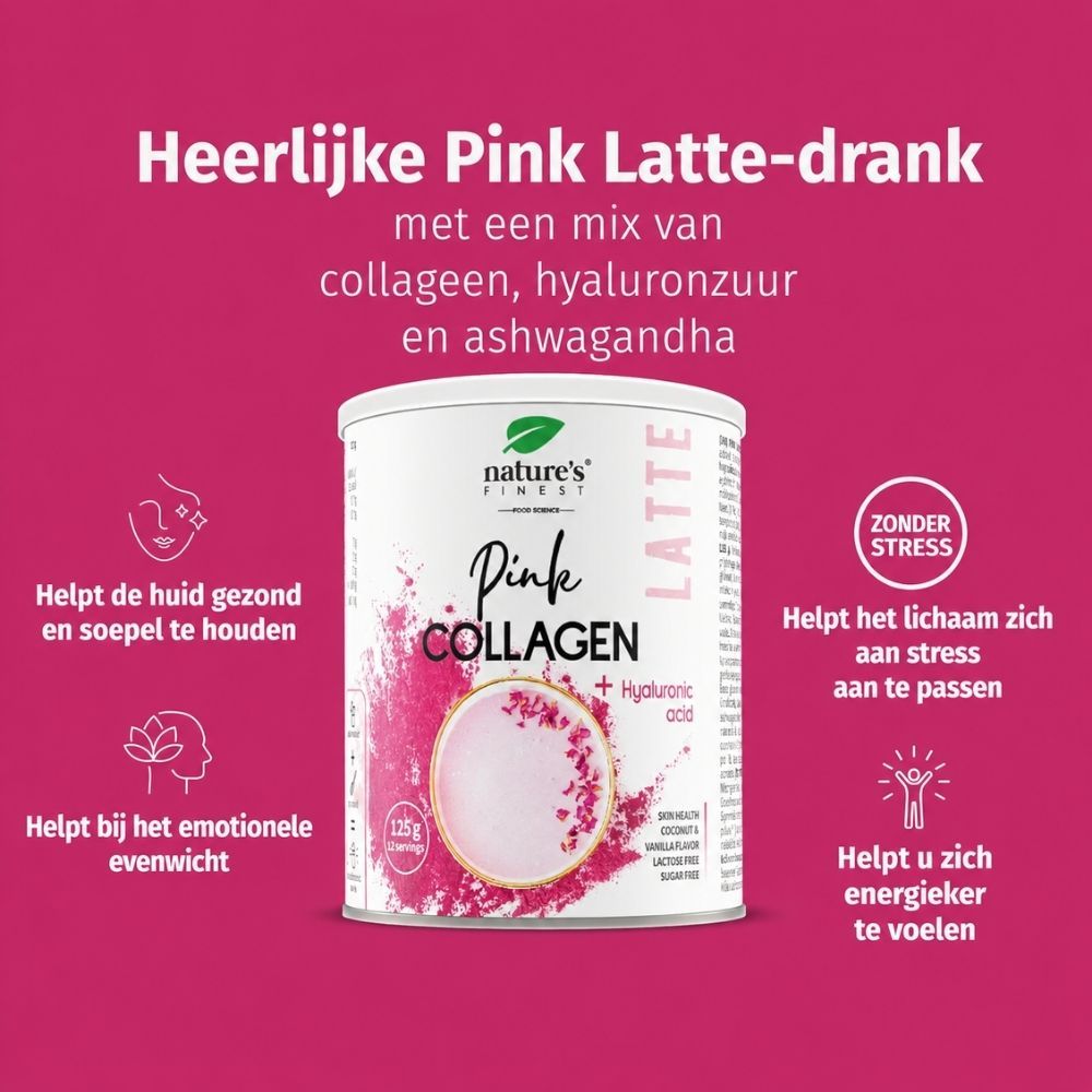 Blik Pink Collagen, glas Pink Latte, lepel met poeder, kokosstukjes.