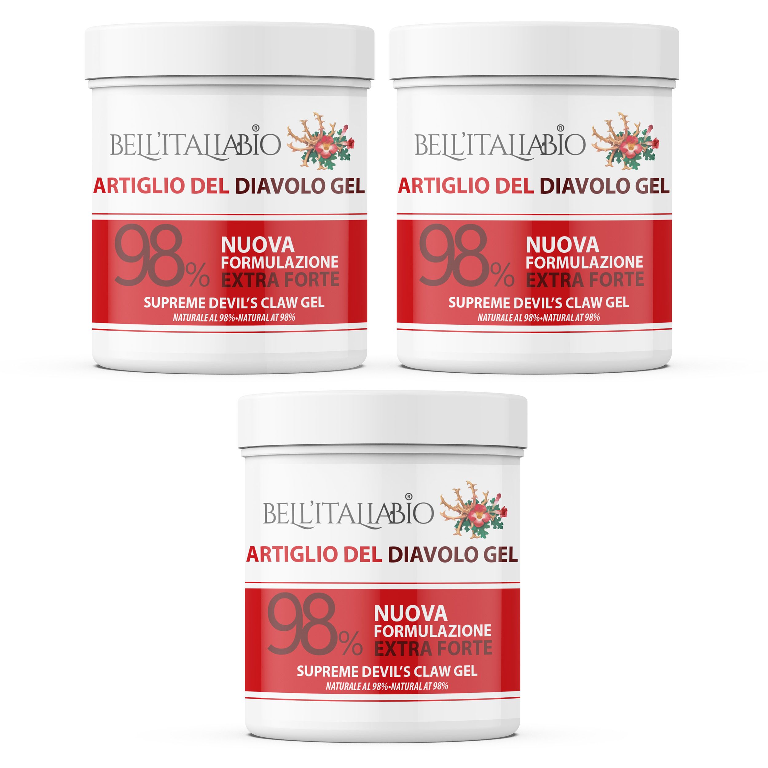 Drie witte potten met rode band. Opschrift: Bell'Italiabio, Artiglio del Diavolo Gel, 98%, Extra Forte. Productnaam en merk zichtbaar.