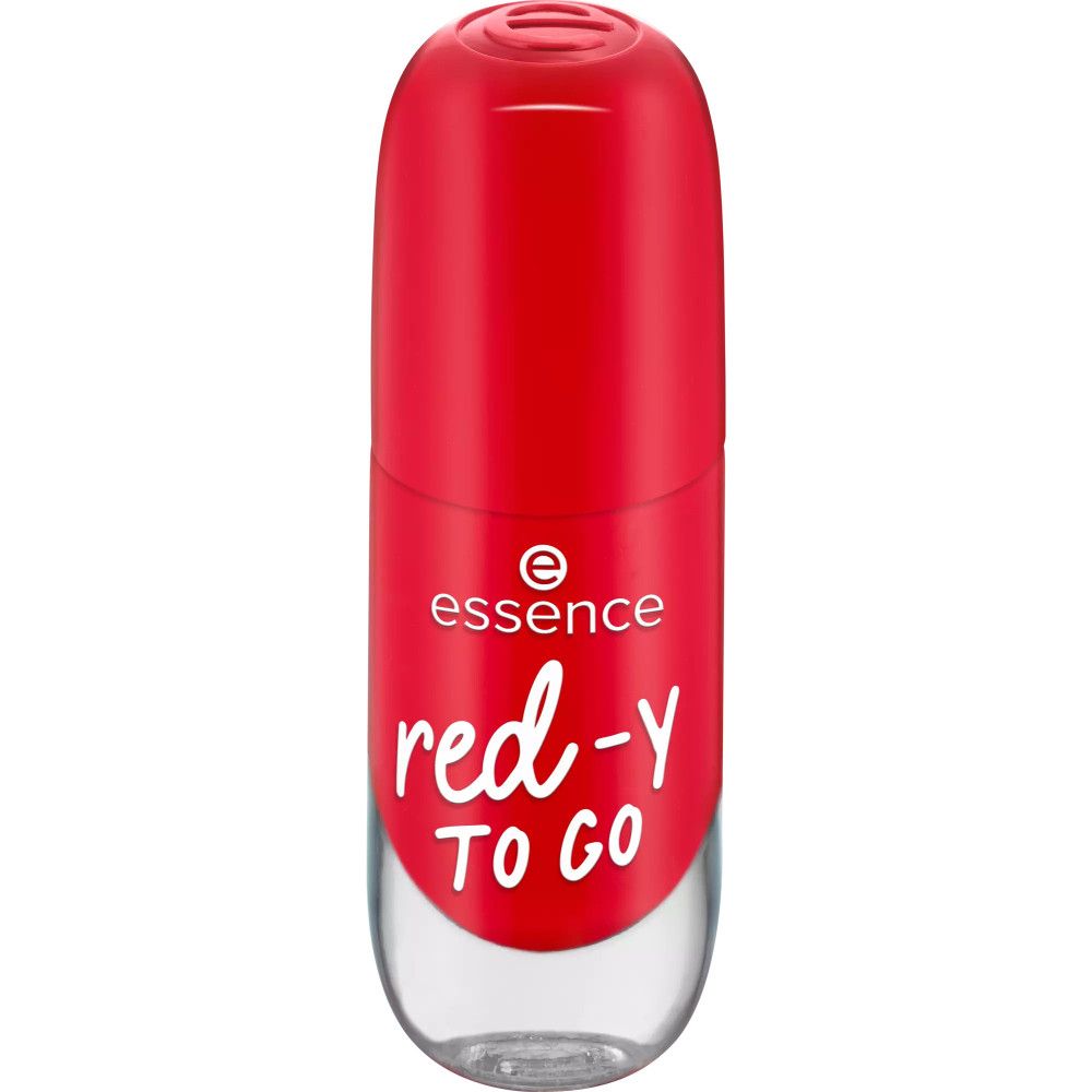 Flacon de vernis à ongles rouge avec texte blanc. Marque Essence, texte 'red-y TO GO'.