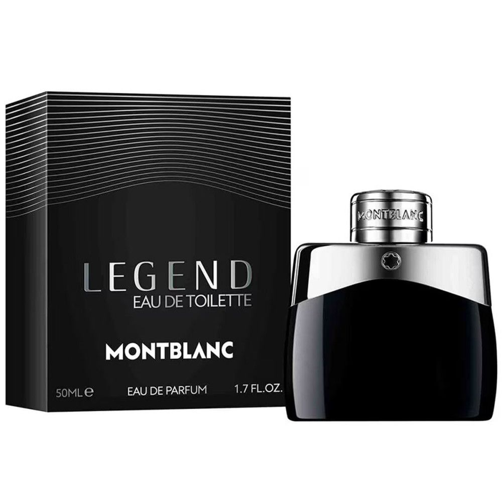 Zwarte flacon met zilveren dop en verpakking. Opschrift: LEGEND, MONTBLANC. 50ml, 1.7 FL.OZ.