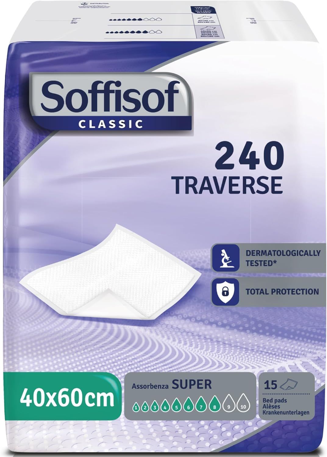 Paquet de protections de lit Soffisof Classic. Dimensions 40x60cm, 15 unités. Testé dermatologiquement. Super absorption.