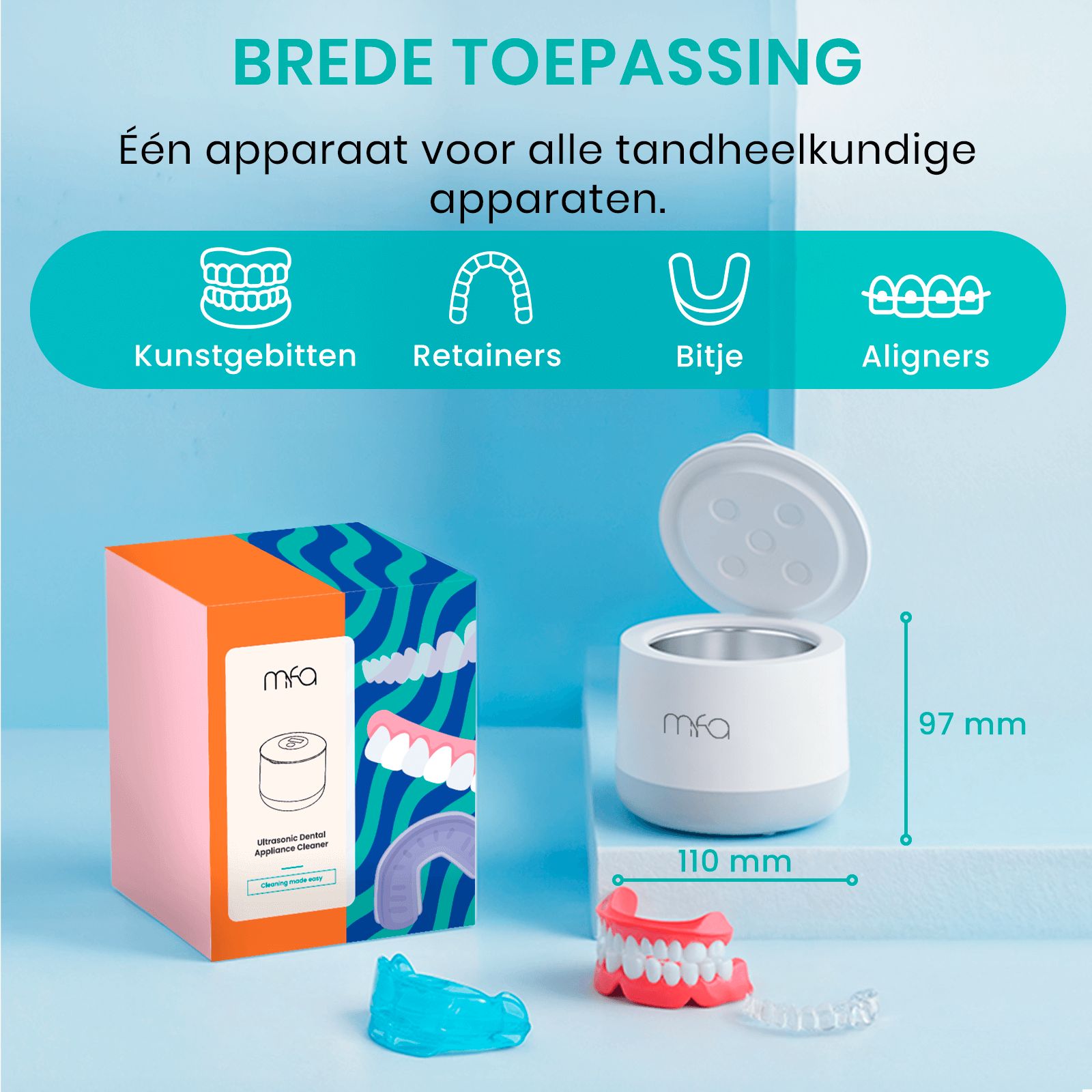 Ultrasoonreiniger met accessoires. Tekst: "BREDE TOEPASSING". Afmetingen: 110 mm x 97 mm. Verschillende tandmodellen.