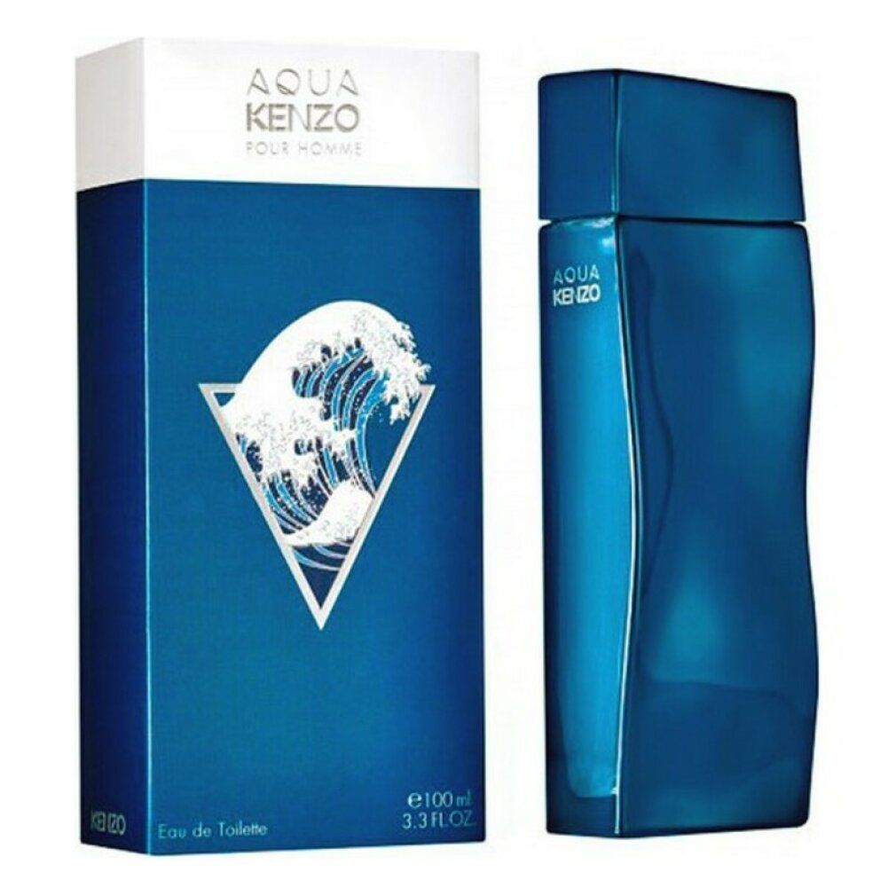 Kenzo Aqua Pour Homme Eau De Toilette Spray avec emballage. Flacon et emballage présentent un motif de vagues et le logo.