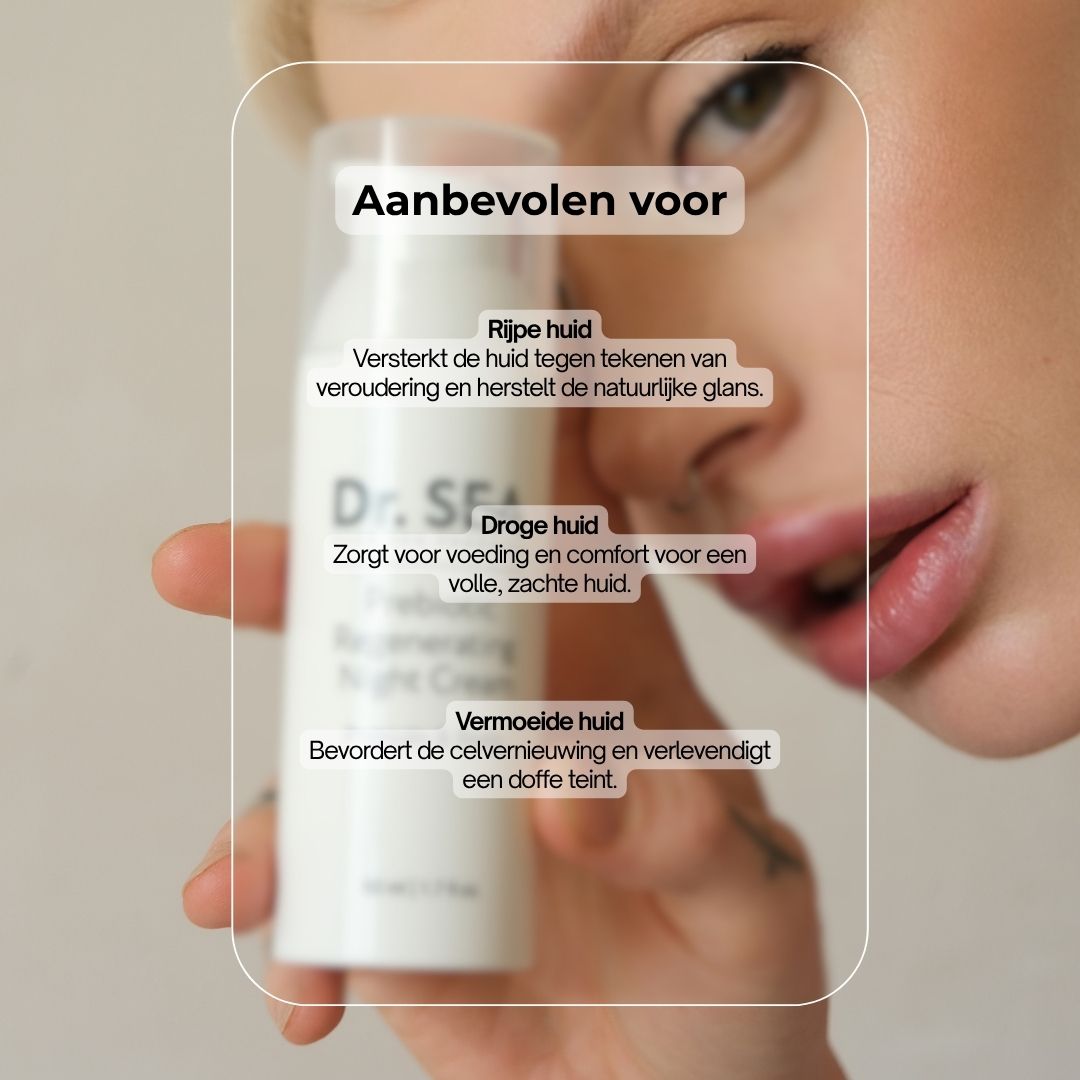 Vrouw houdt crèmefles vast. Tekst: Aanbevolen voor: Rijpe huid, Droge huid, Vermoeide huid.