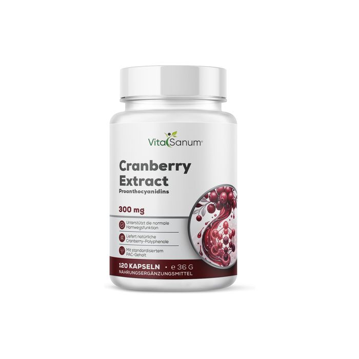 VitaSanum Cranberry Extract capsules, 300 mg. Eén potje met cranberry-afbeelding en 'Proanthocyanidins'.