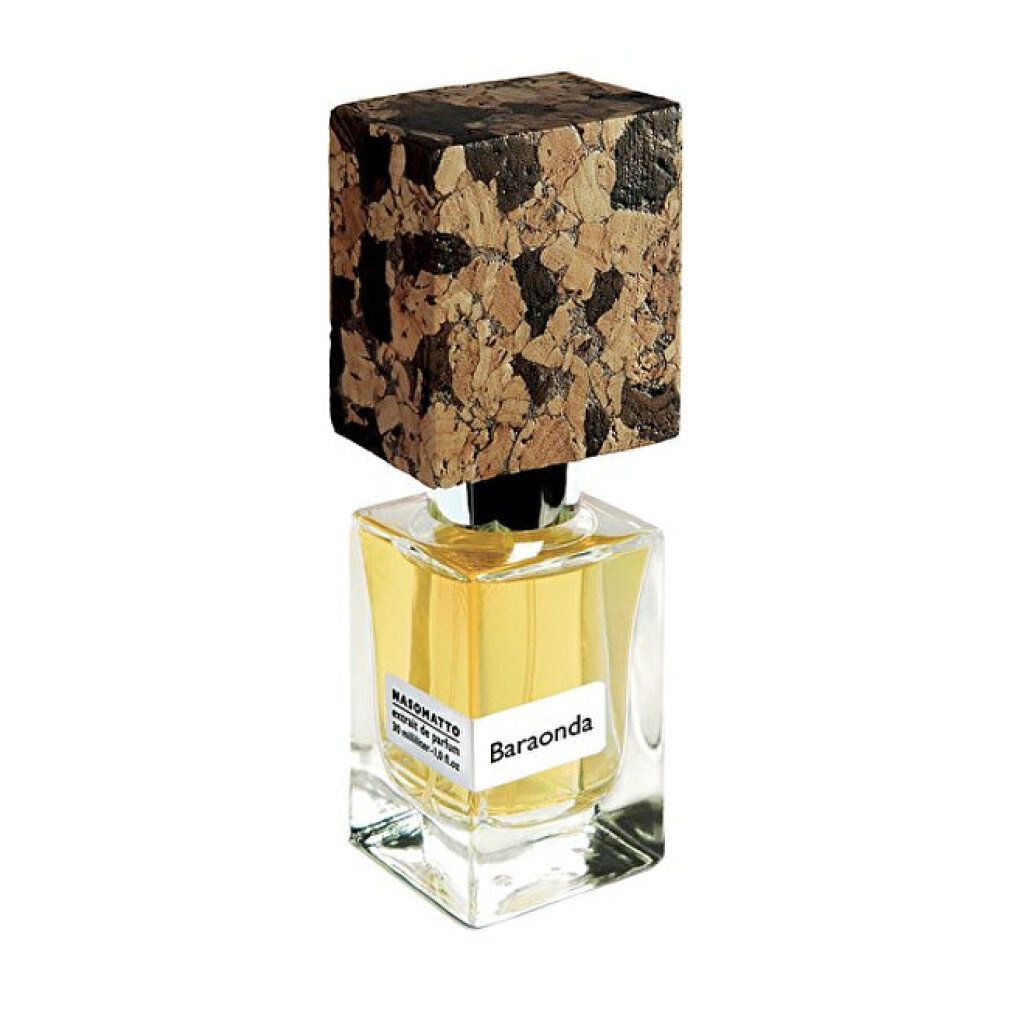 Flacon de parfum avec bouchon en liège. Inscription : Nasomatto Baraonda. Flacon en verre carré avec étiquette blanche. Flacon debout.