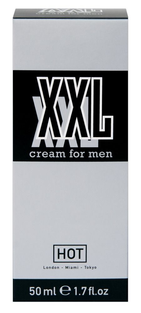 Voorkant van het doosje voor XXL Cream for men, zilver met zwarte opdruk, 50ml.