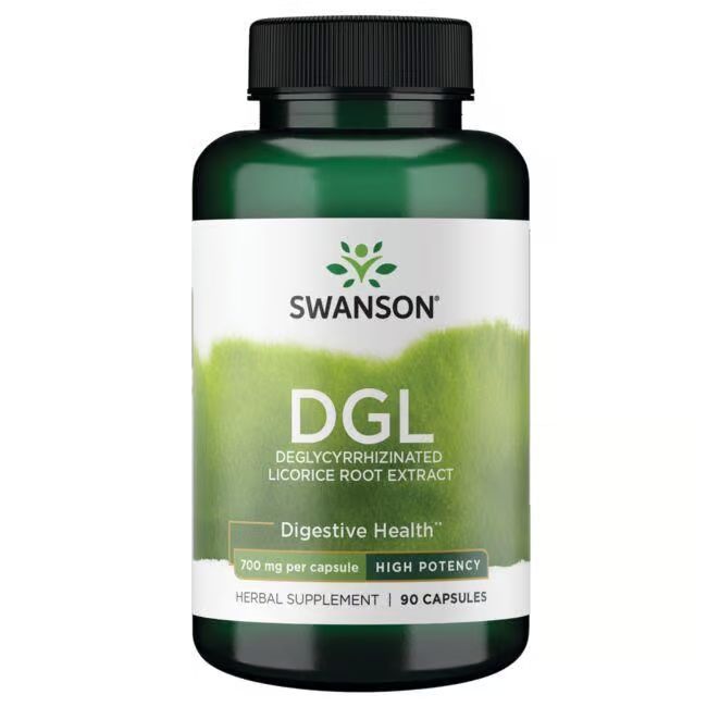 Groene fles met wit etiket. Opschrift: SWANSON DGL Deglycyrrhizinede zoethoutwortelextract. 700 mg per capsule, 90 capsules.