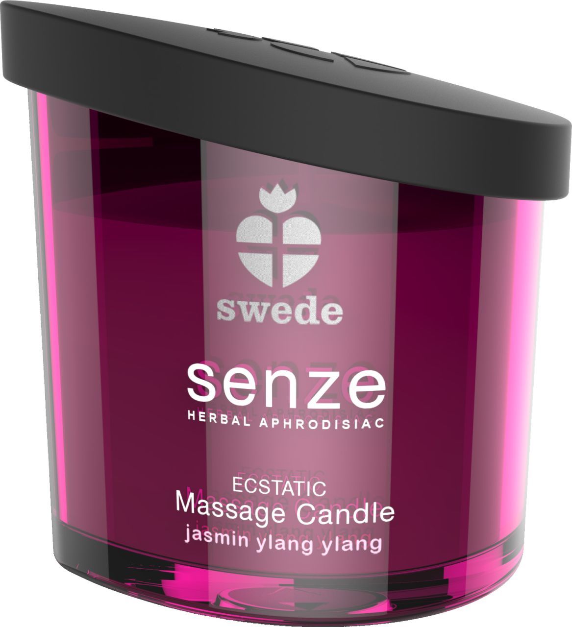 Massagekaars met zwarte deksel. Opschrift: swede, senze, Herbal Aphrodisiac, Ecstatic Massage Candle, Jasmin Ylang Ylang.