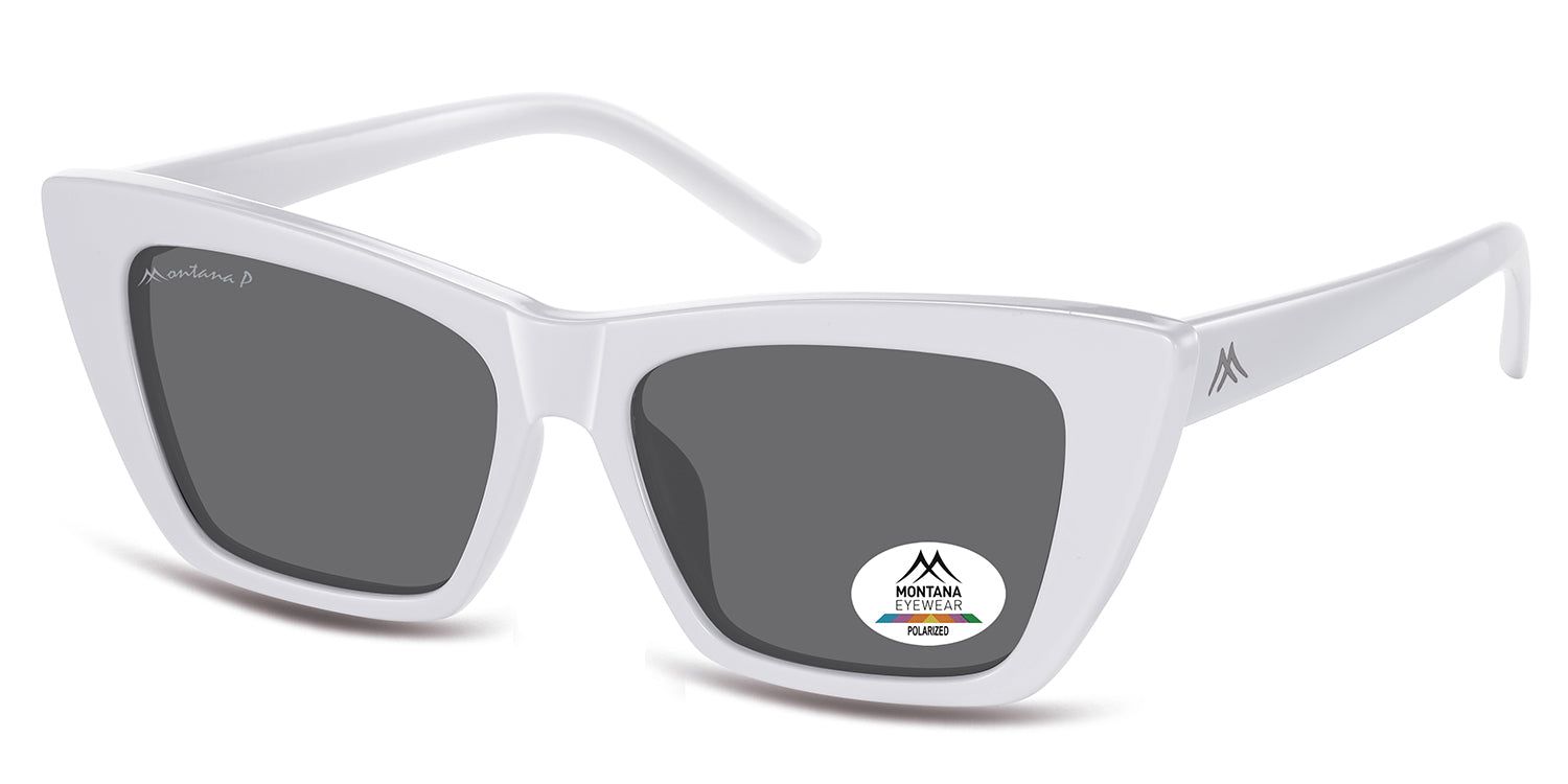 Lunettes de soleil blanches à verres gris. Logo Montana Eyewear et autocollant Polarized. Forme œil de chat.