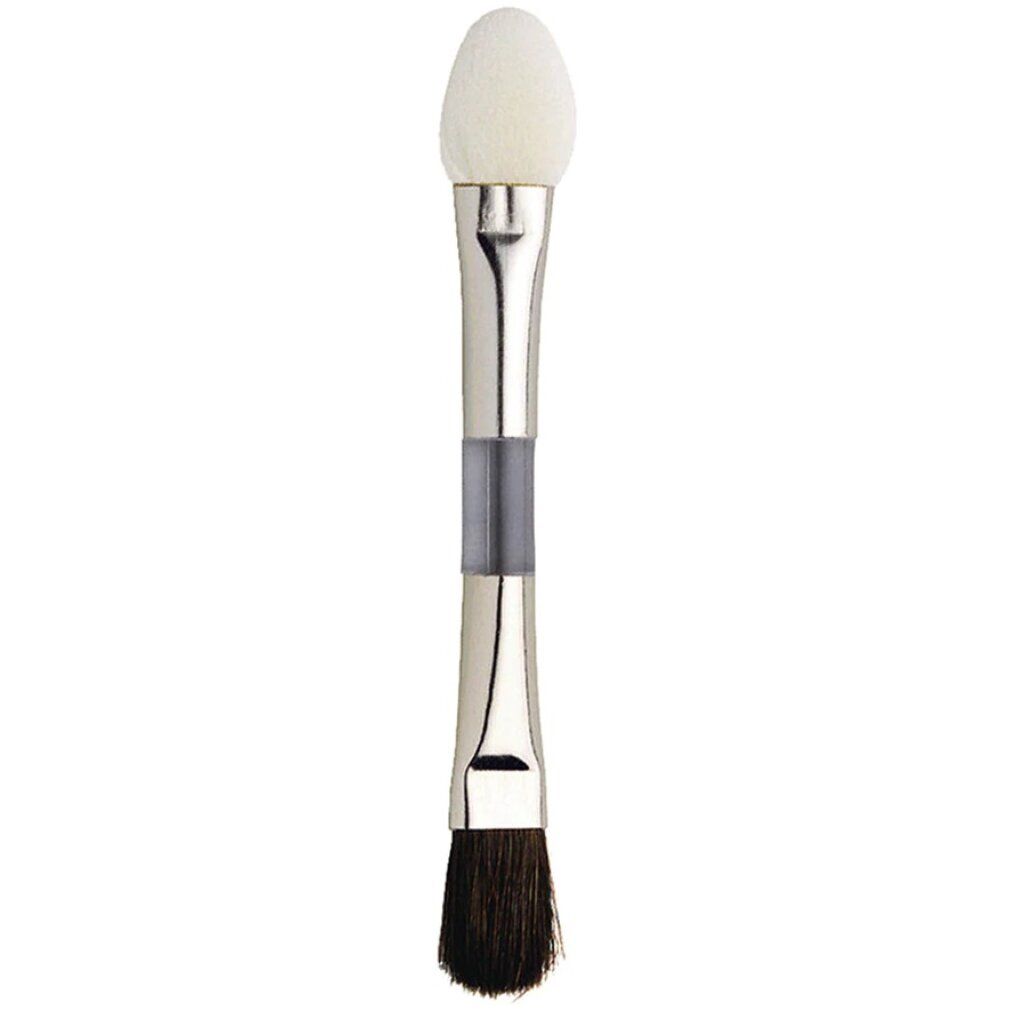 Pinceau de maquillage double. Une extrémité éponge, l'autre avec des poils foncés. Manche argenté avec section grise.