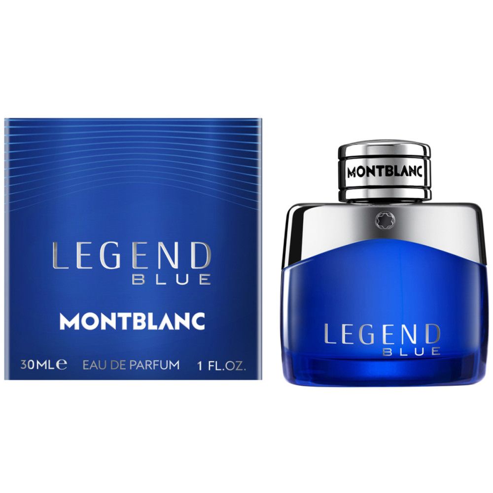 Blauwe fles en doos. Opschrift: LEGEND BLUE, MONTBLANC, 30ml Eau de Parfum, 1 Fl.oz.