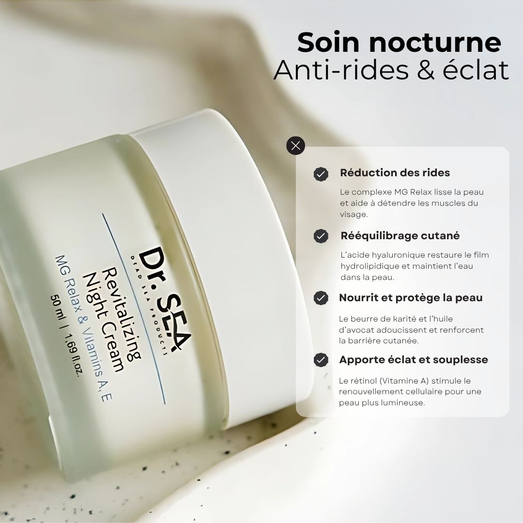 Pot de crème avec texte. Texte : Réduction des rides, rééquilibrage cutané, nourrit et protège, éclat et souplesse.
