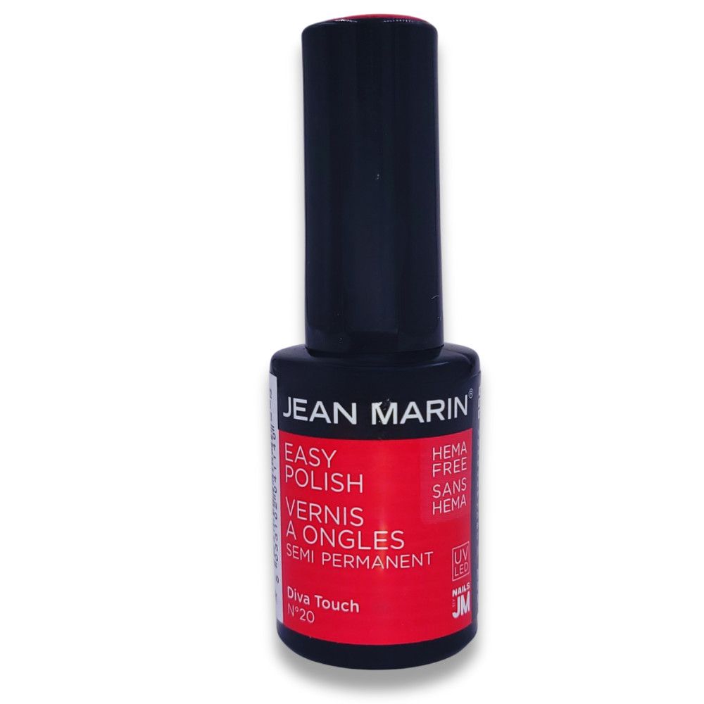 Flacon de vernis à ongles avec bouchon noir. Fond rouge avec texte blanc: JEAN MARIN, EASY POLISH, HEMA FREE, SEMI PERMANENT.