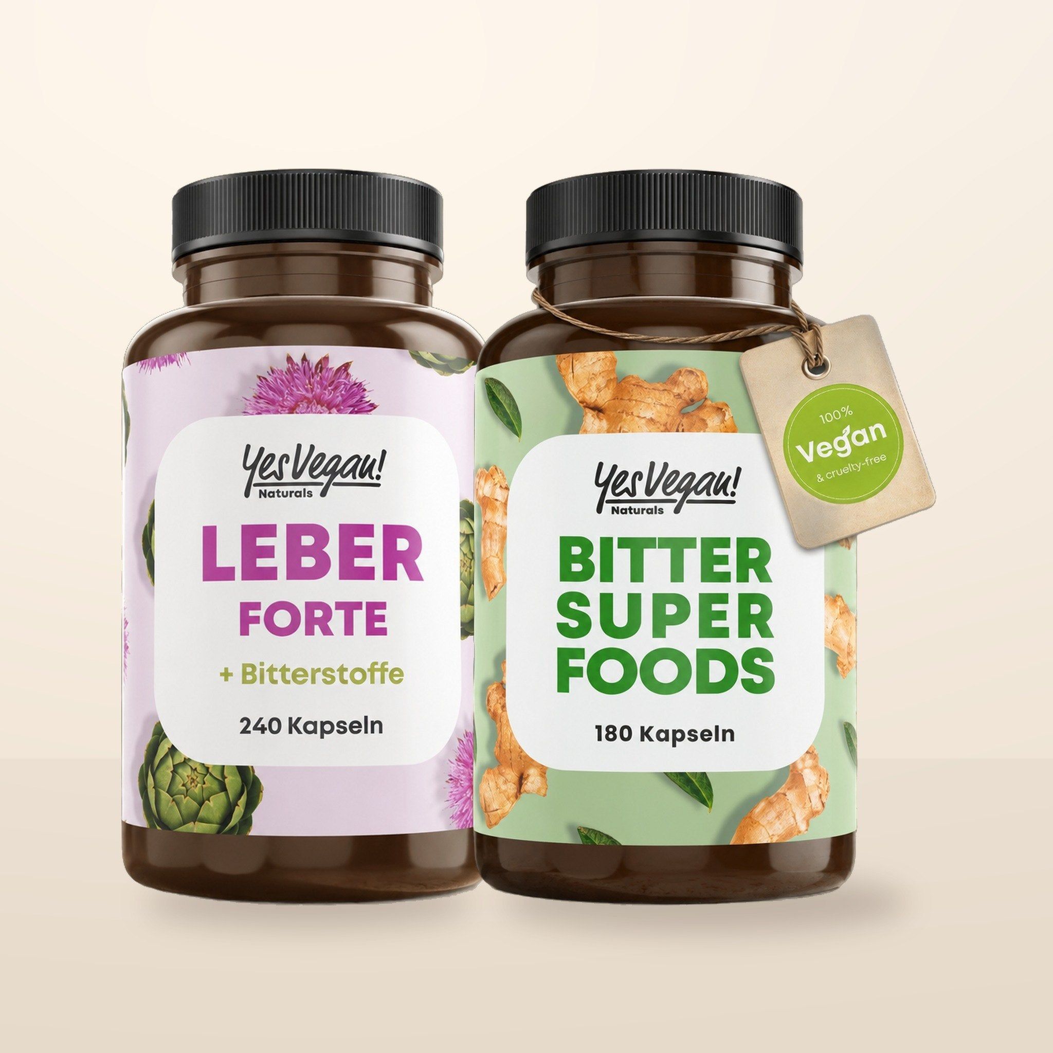 Twee flessen Yes Vegan: Quercetine 500mg + Vitamine C (180 capsules) en Vitamine C 1.000mg (365 capsules).