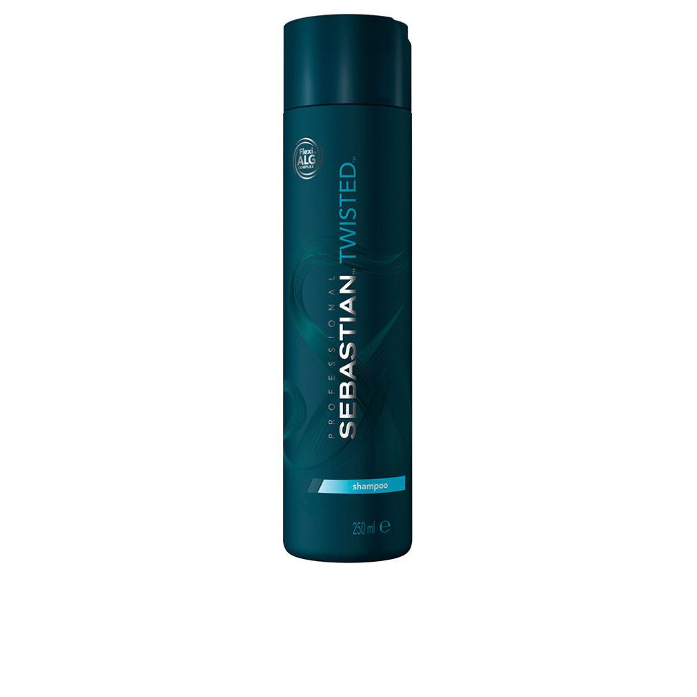 Blauwe shampoo fles. Opschrift: Sebastian. Twisted. Shampoo voor krullend haar. 250 ml.