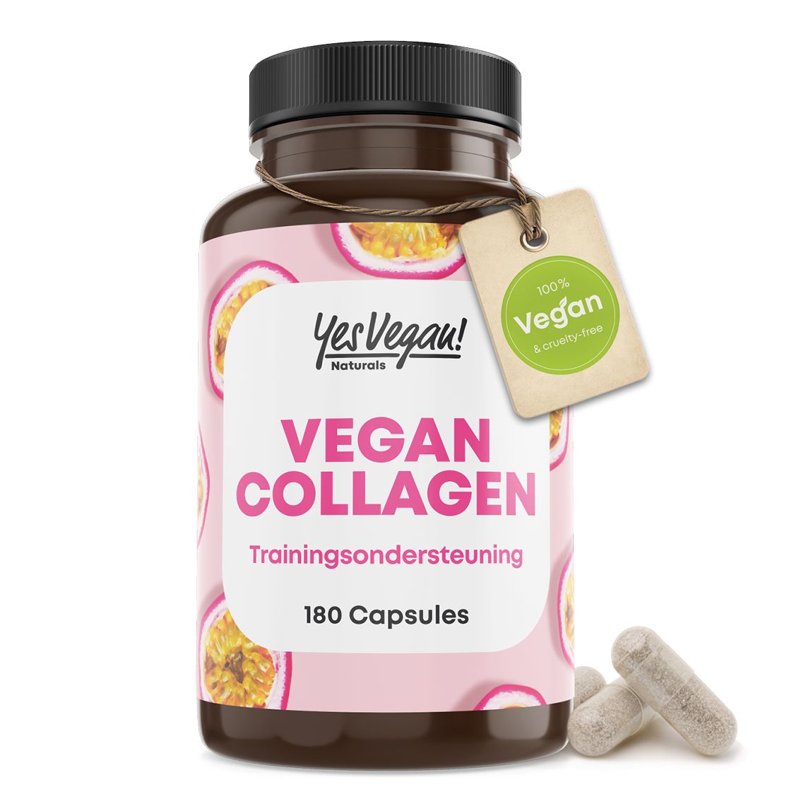 Fles "Vegan Collagen" met roze etiket, passievruchtpatroon en "100% Vegan"-keurmerk.
