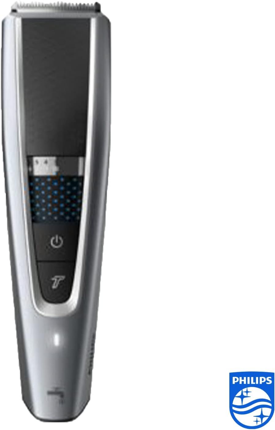 Close-up van de Philips haartrimmer met zilveren en zwarte behuizing.