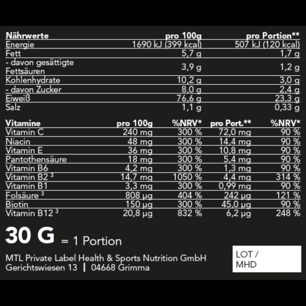 Voedingstabel. Informatie per 100g en per portie. Bevat informatie over vitaminen, energie, vet, koolhydraten, eiwit en zout.