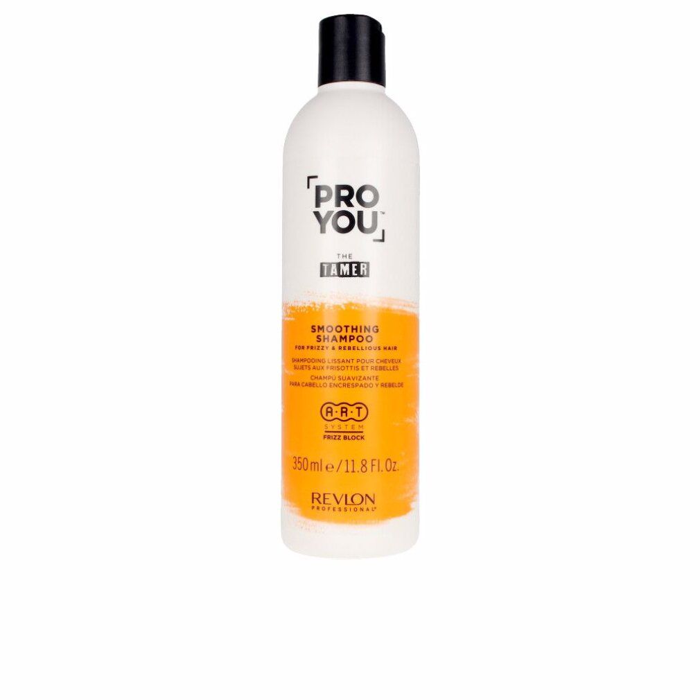 Flacon blanc à bouchon noir. Inscription: PRO YOU THE TAMER, Smoothing Shampoo. Bande orange. Revlon Professional.