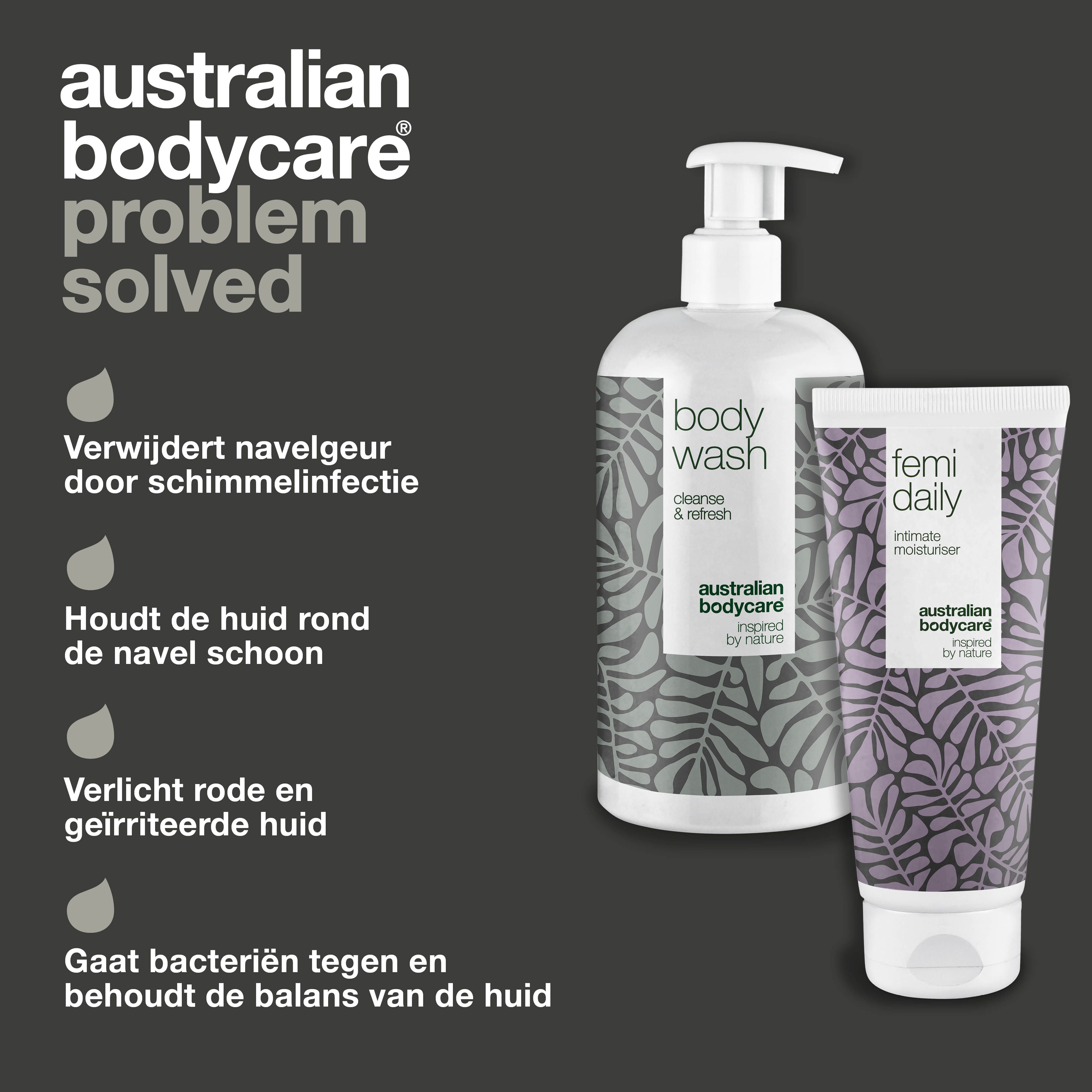 Body wash en intieme moisturizer. Tekst: 'Problem solved'. Voordelen: geur, huid, evenwicht.