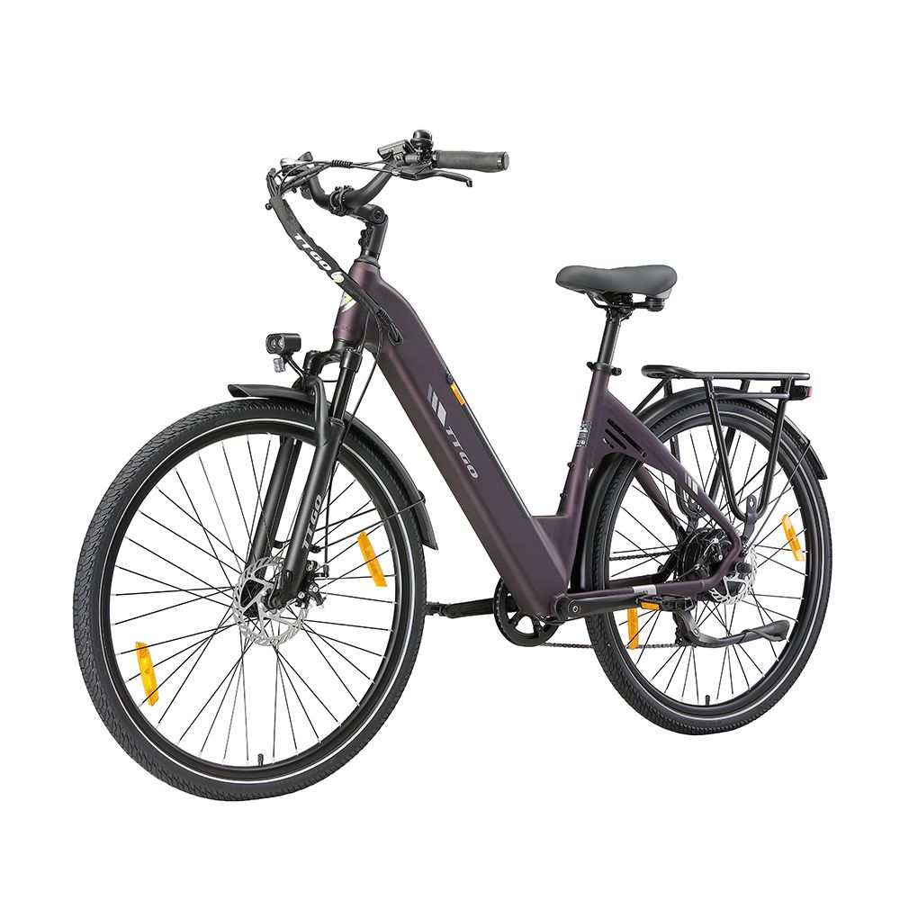 Vélo électrique violet foncé avec porte-bagages, garde-boue et éclairage. Pneus et selle noirs. Logo TTGO.