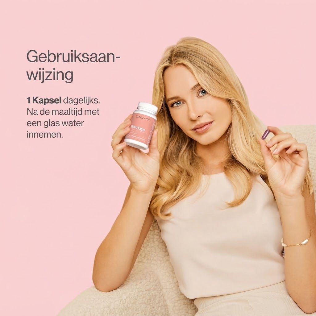 Vrouw houdt een kleine roze fles met supplementen en een enkele capsule vast.