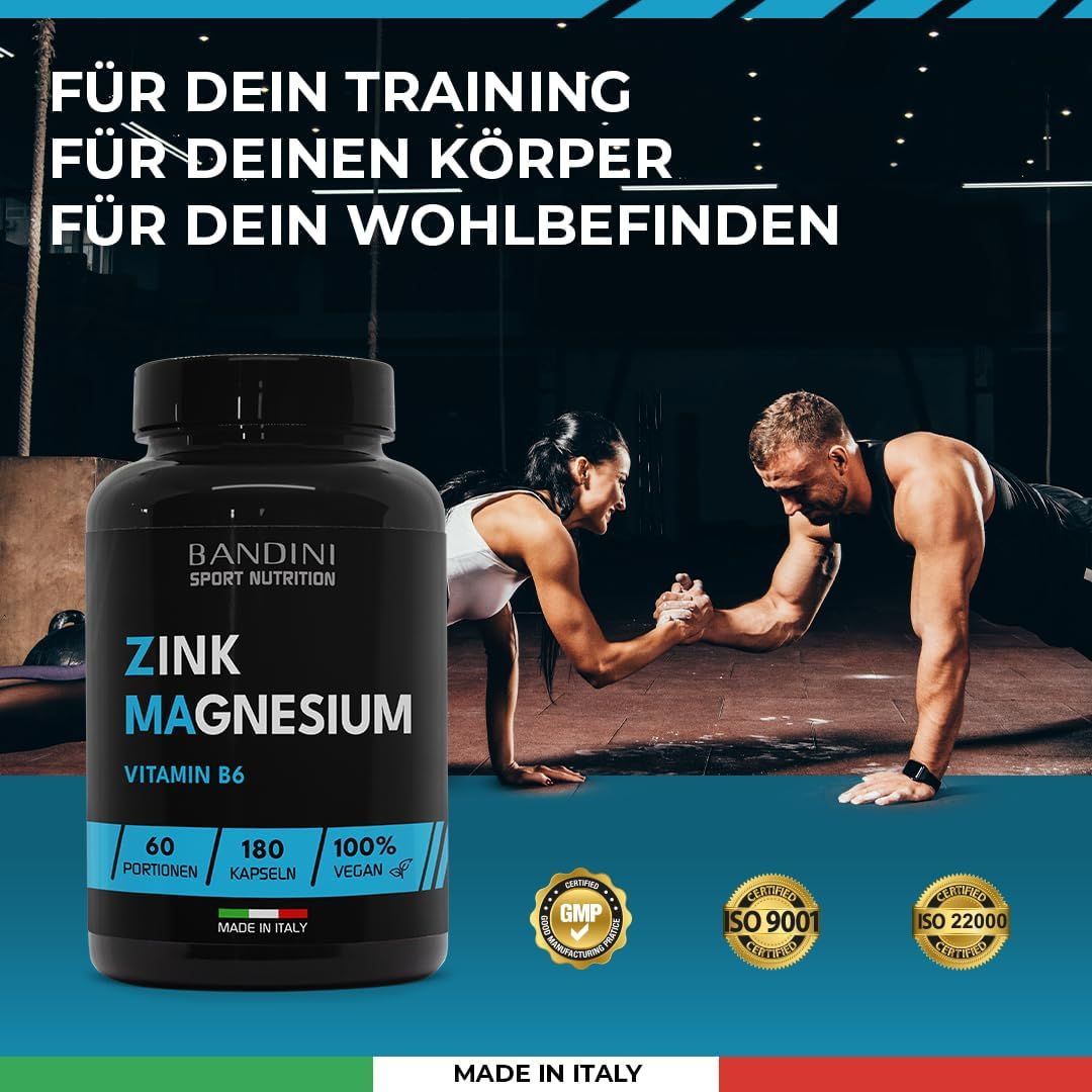 Zwarte fles met capsules. Opschrift: Zink Magnesium, Vitamine B6. 60 porties, 180 capsules, 100% vegan. GMP, ISO 9001, ISO 22000.